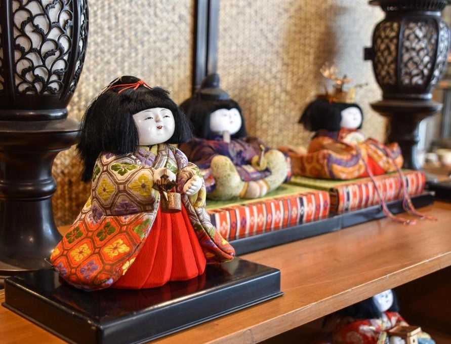 Hinaningyo Japanese Girls Day Dolls showing the Emperor, Empress and a court lady