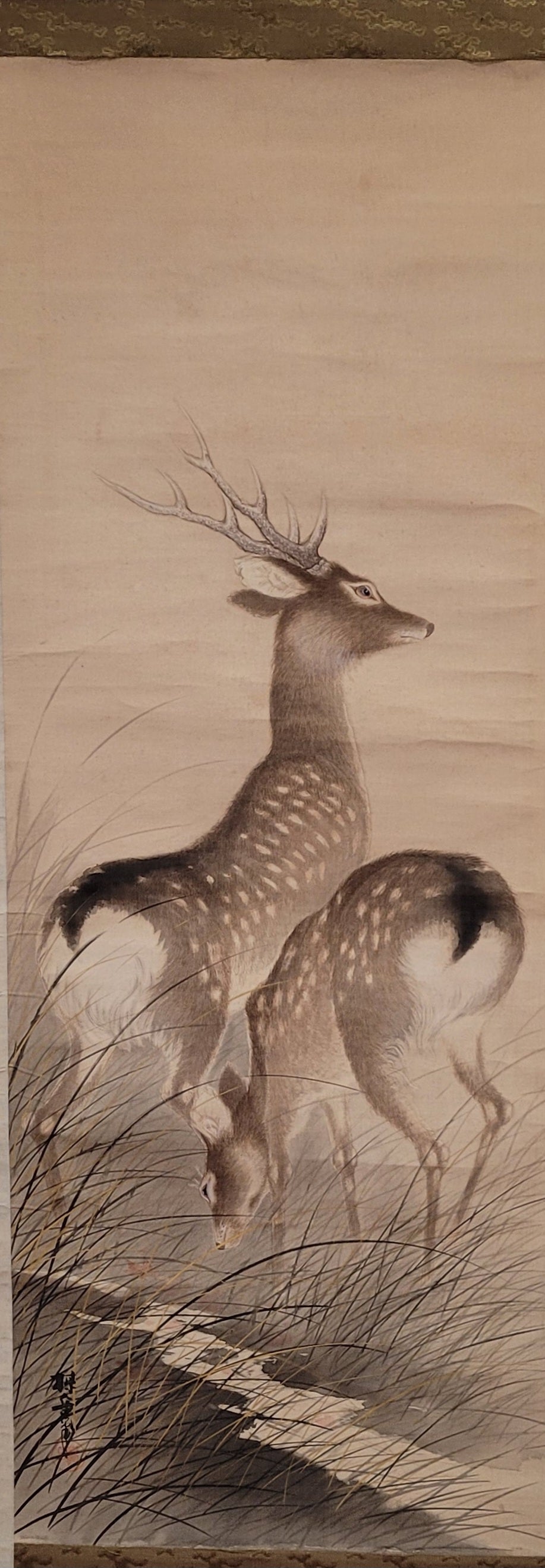 Vintage Japanese scroll showing two deer among reeds - KS16007