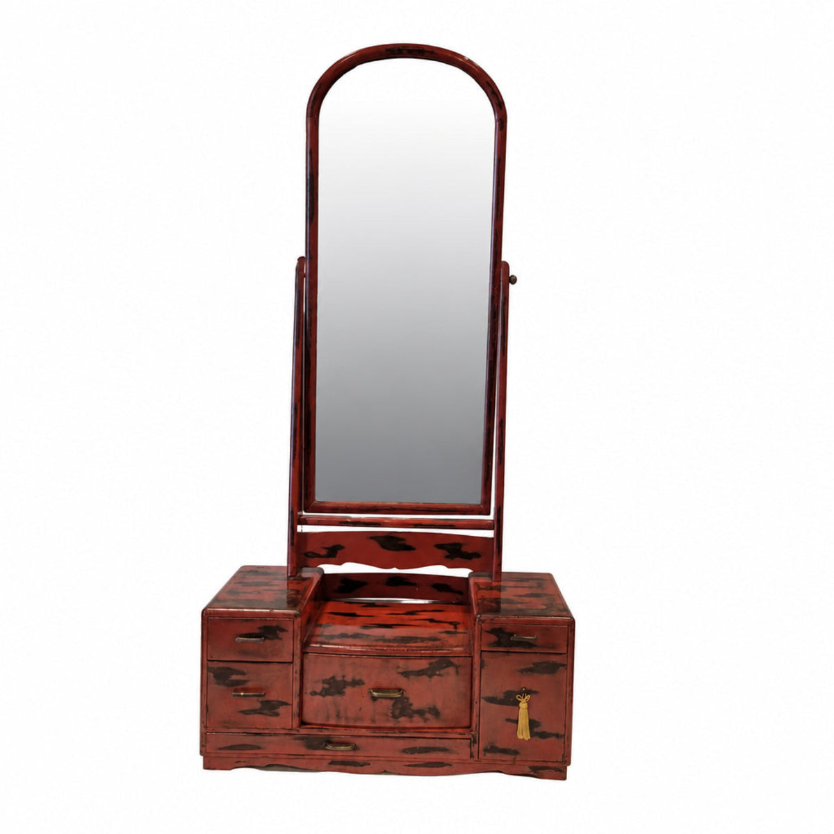 Japanese Negoro lacquer mirror on chest. A ladies mirror on chest for makeup in Negoro red and black lacquer, showing the patina of age. Showa period - 1930's.