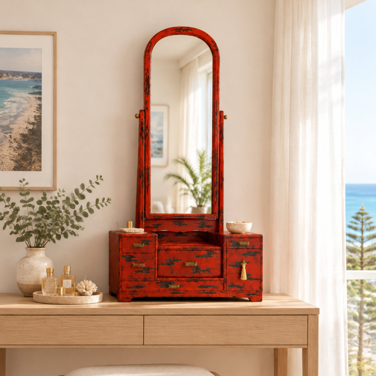 Japanese mirror on chest in Negoro lacquer