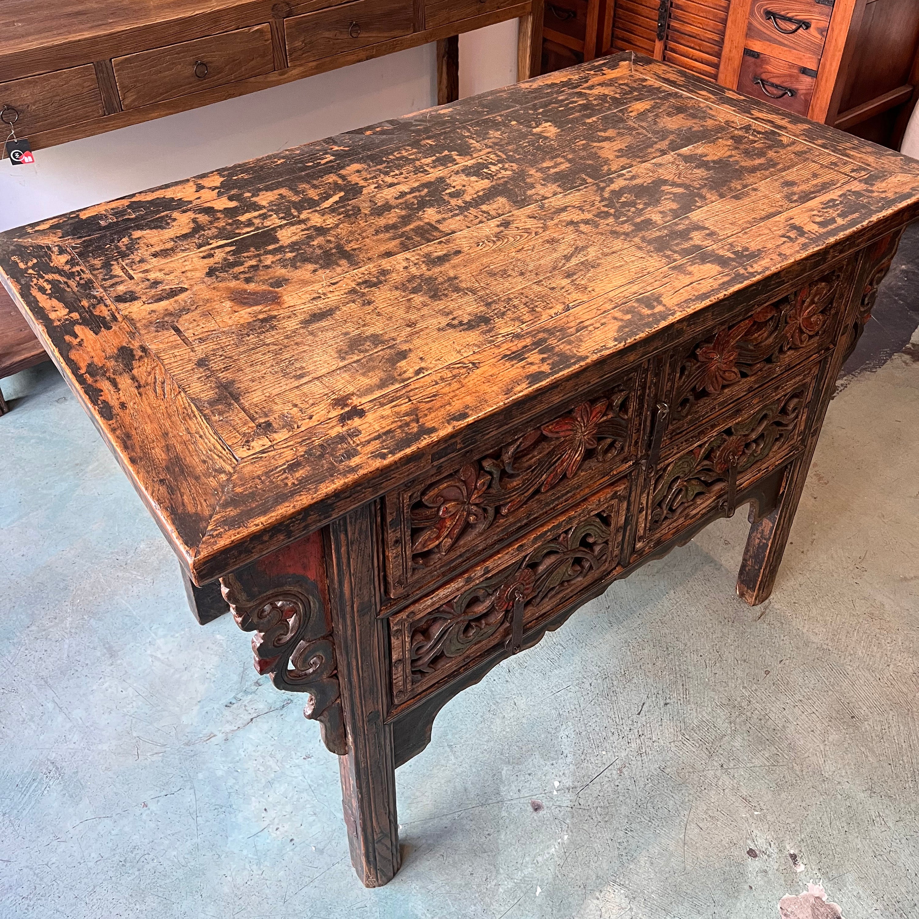 Provincial Chinese painted coffer with deep carved floral (chrysanthemums & peonies) drawers. Middle Ching Dynasty. Early C18th.