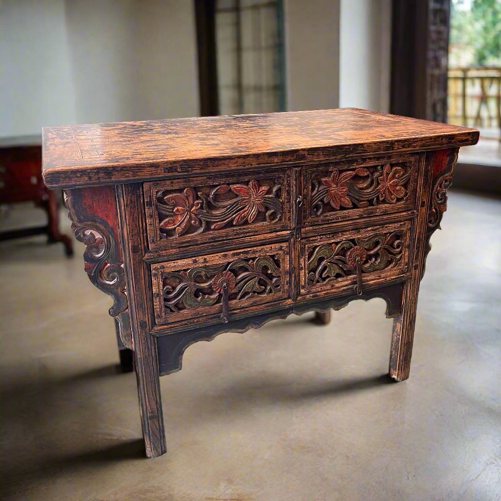 Provincial Chinese painted coffer with deep carved floral (chrysanthemums & peonies) drawers. Middle Ching Dynasty. Early C18th.