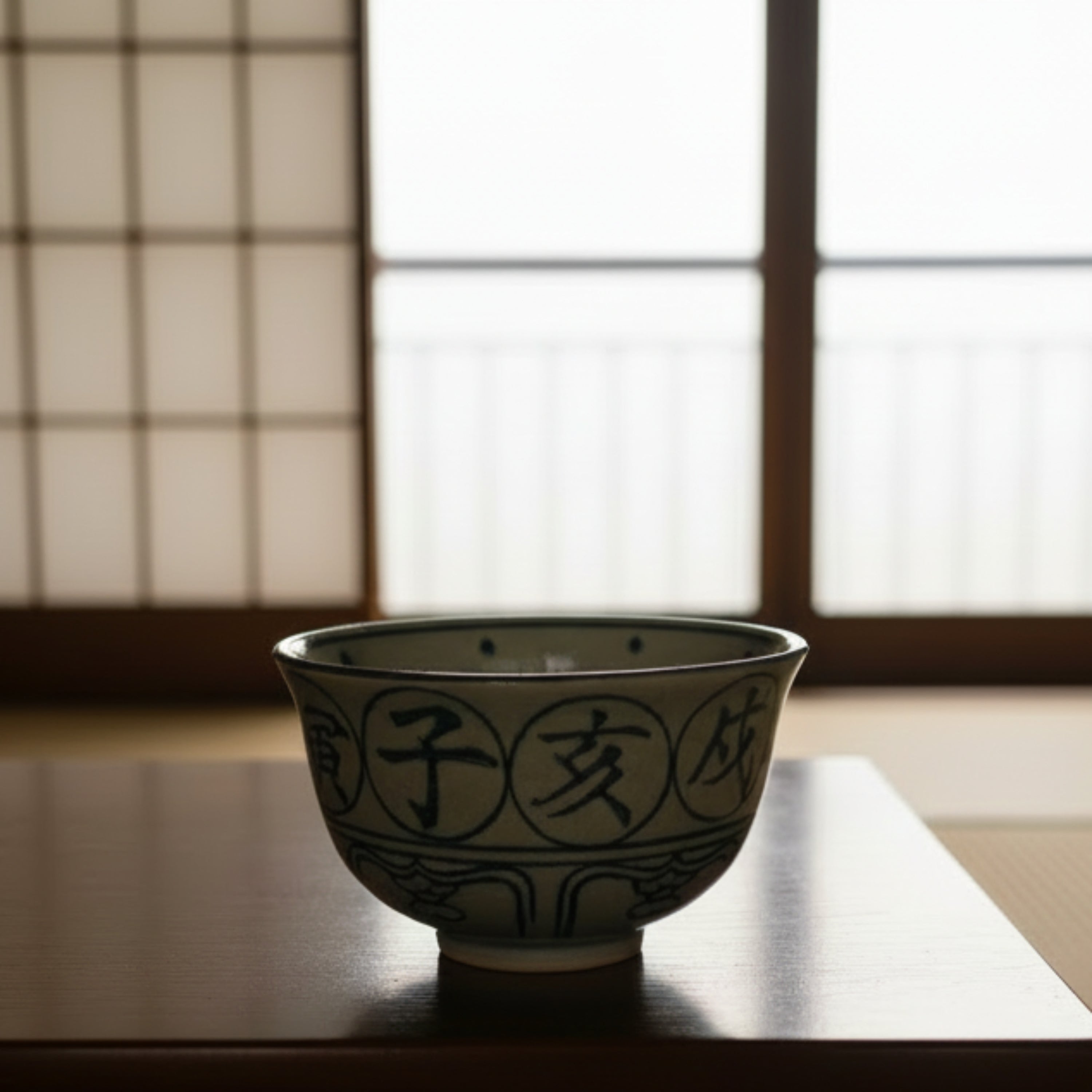A Japanese pottery tea bowl with a beautiful shape and feel. The decoration is glazed and features horoscope signs