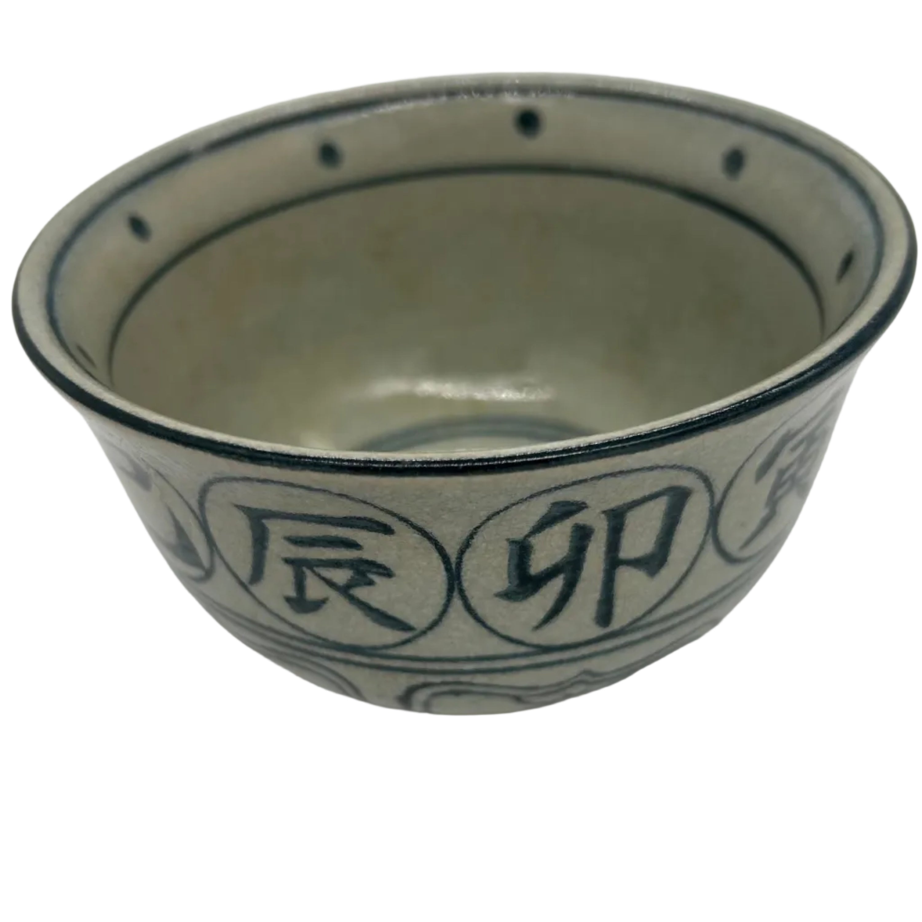 A Japanese pottery tea bowl with a beautiful shape and feel. The decoration is glazed and features horoscope signs.