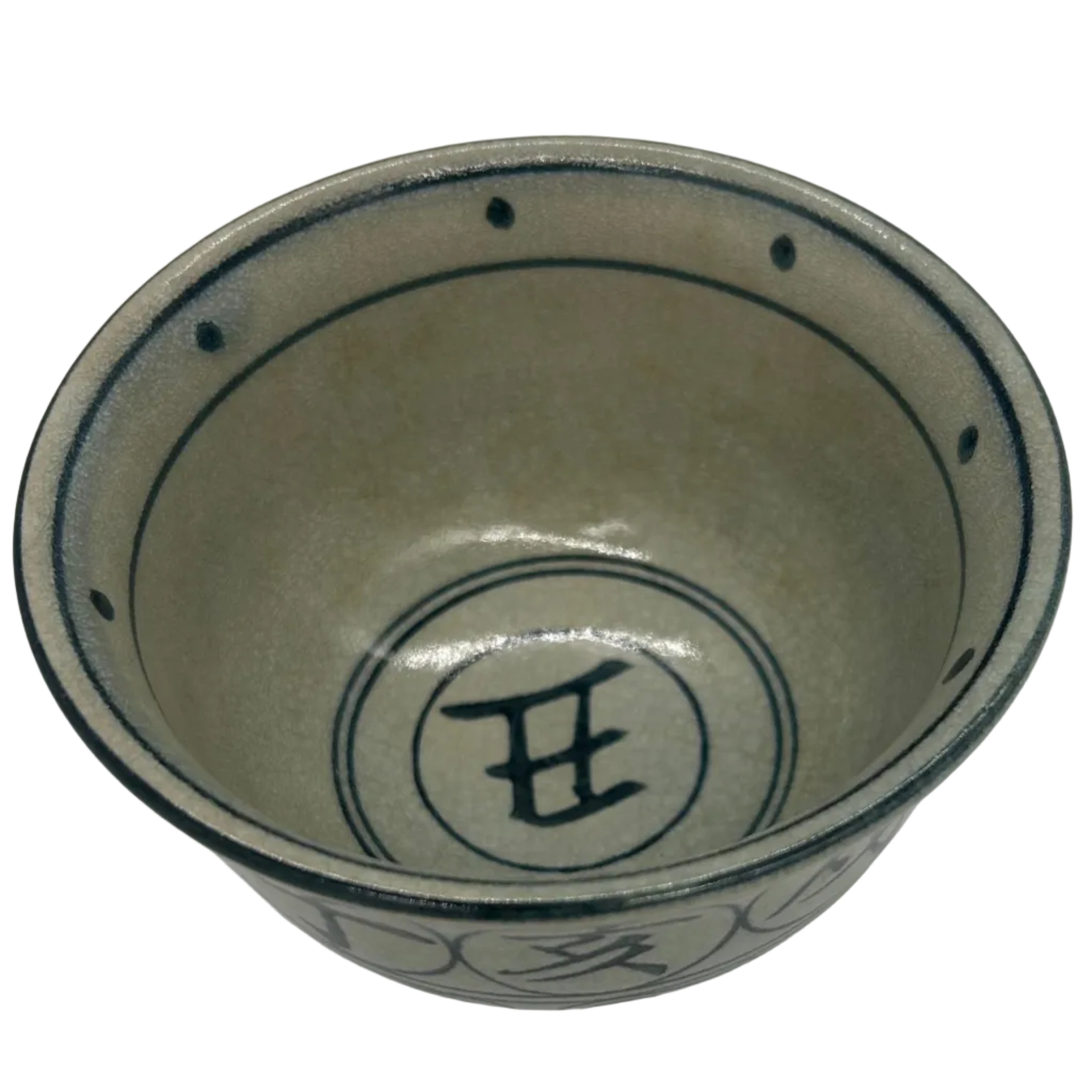 A Japanese pottery tea bowl with a beautiful shape and feel. The decoration is glazed and features horoscope signs.