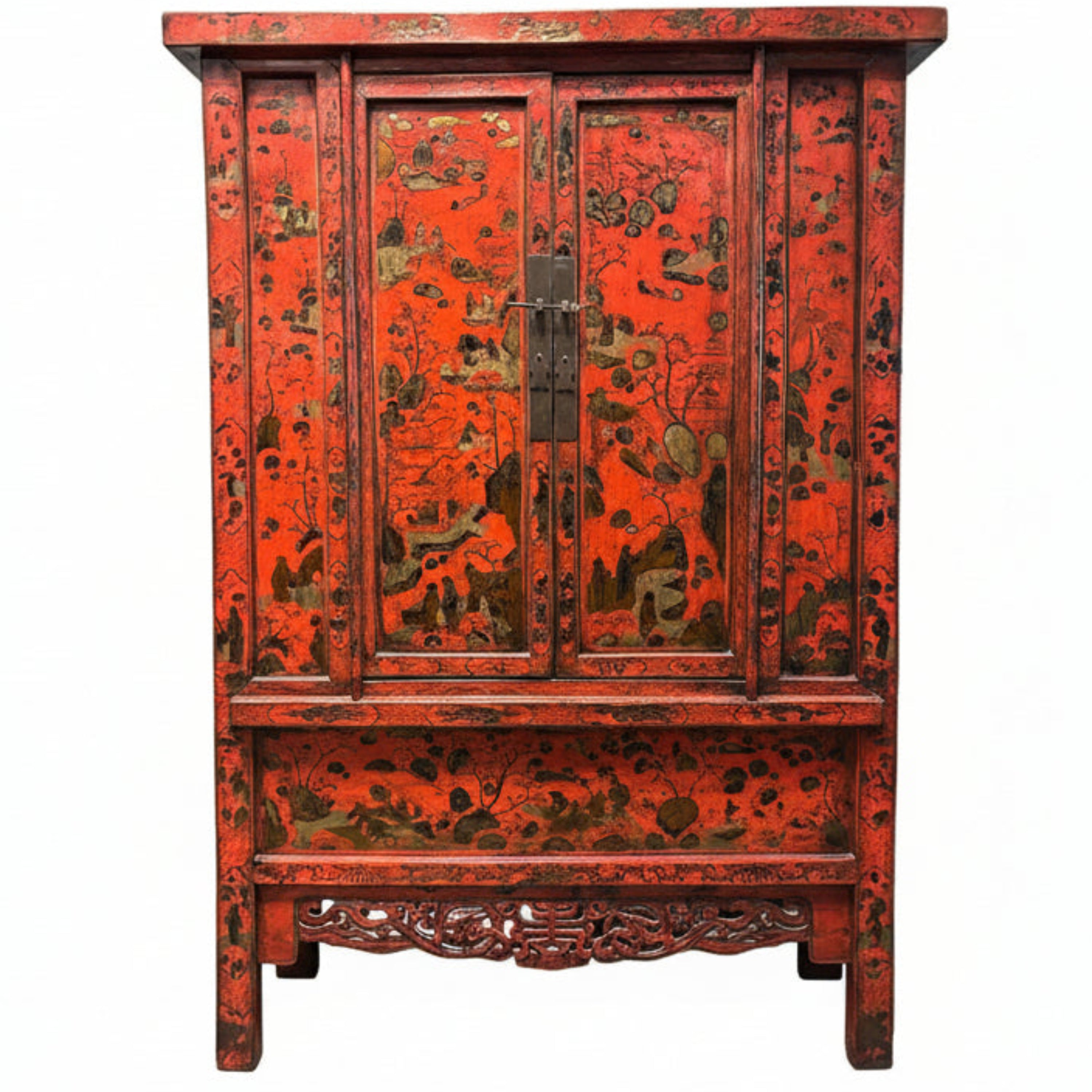 Pair of Chinese red lacquer chests with intricate hand-painted decoration. Rich patina and bold character, ideal statement storage pieces. 18thC