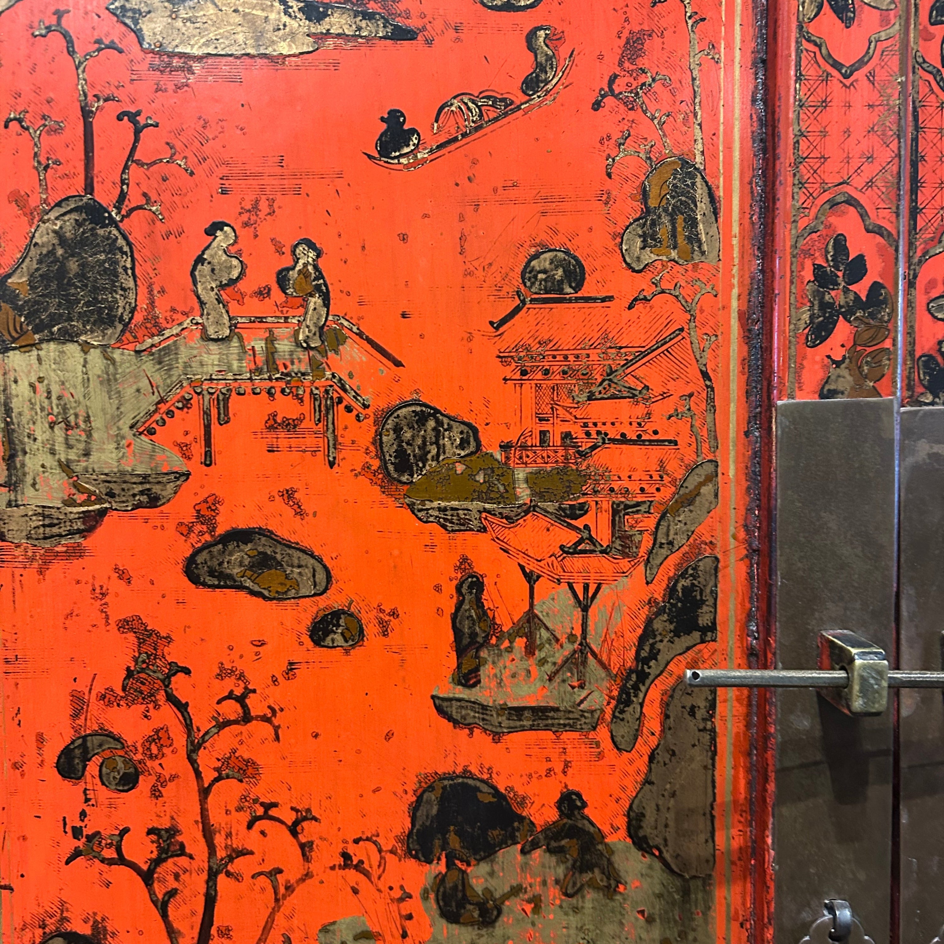 Pair of Chinese red lacquer chests with intricate hand-painted decoration. Rich patina and bold character, ideal statement storage pieces.