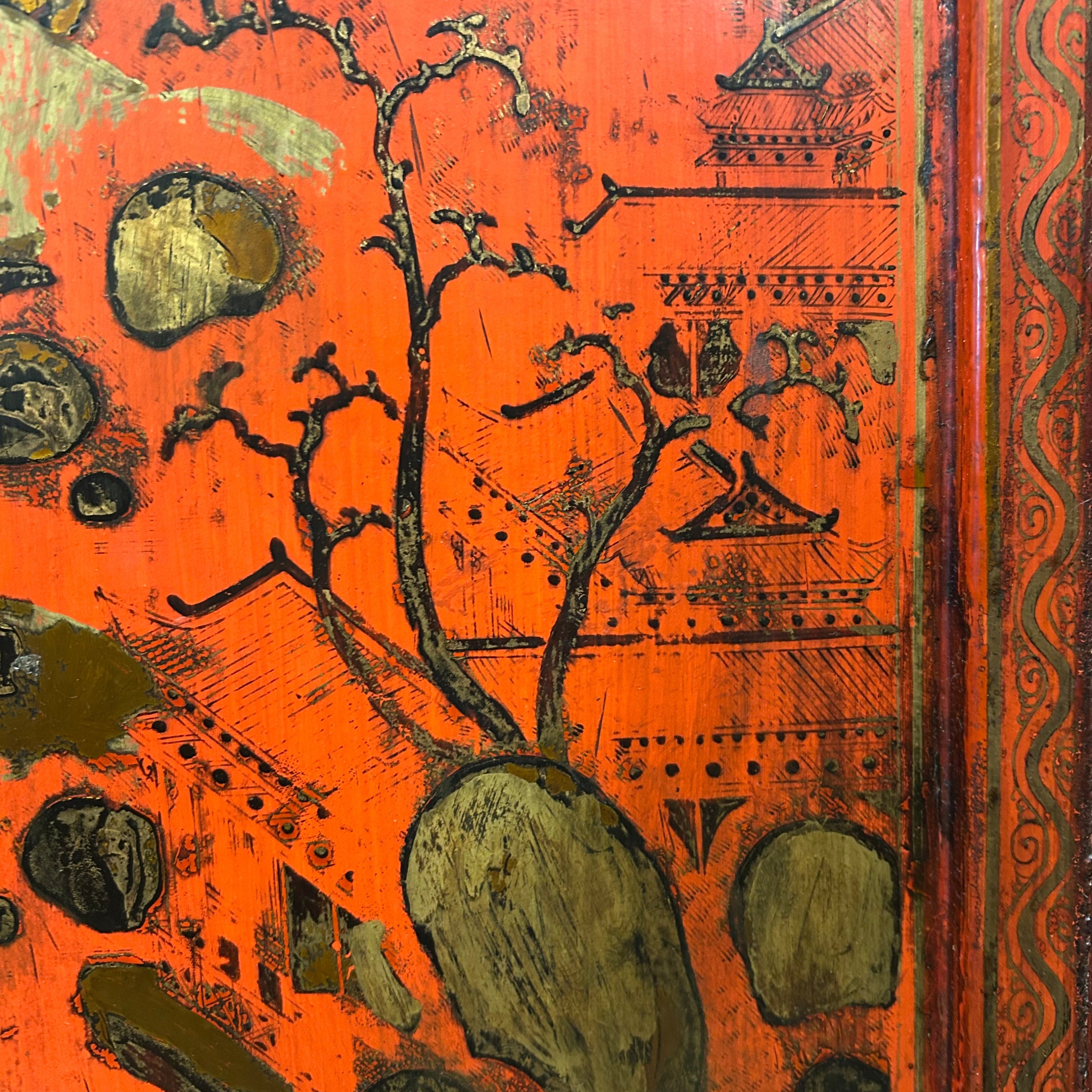 Pair of Chinese red lacquer chests with intricate hand-painted decoration. Rich patina and bold character, ideal statement storage pieces.