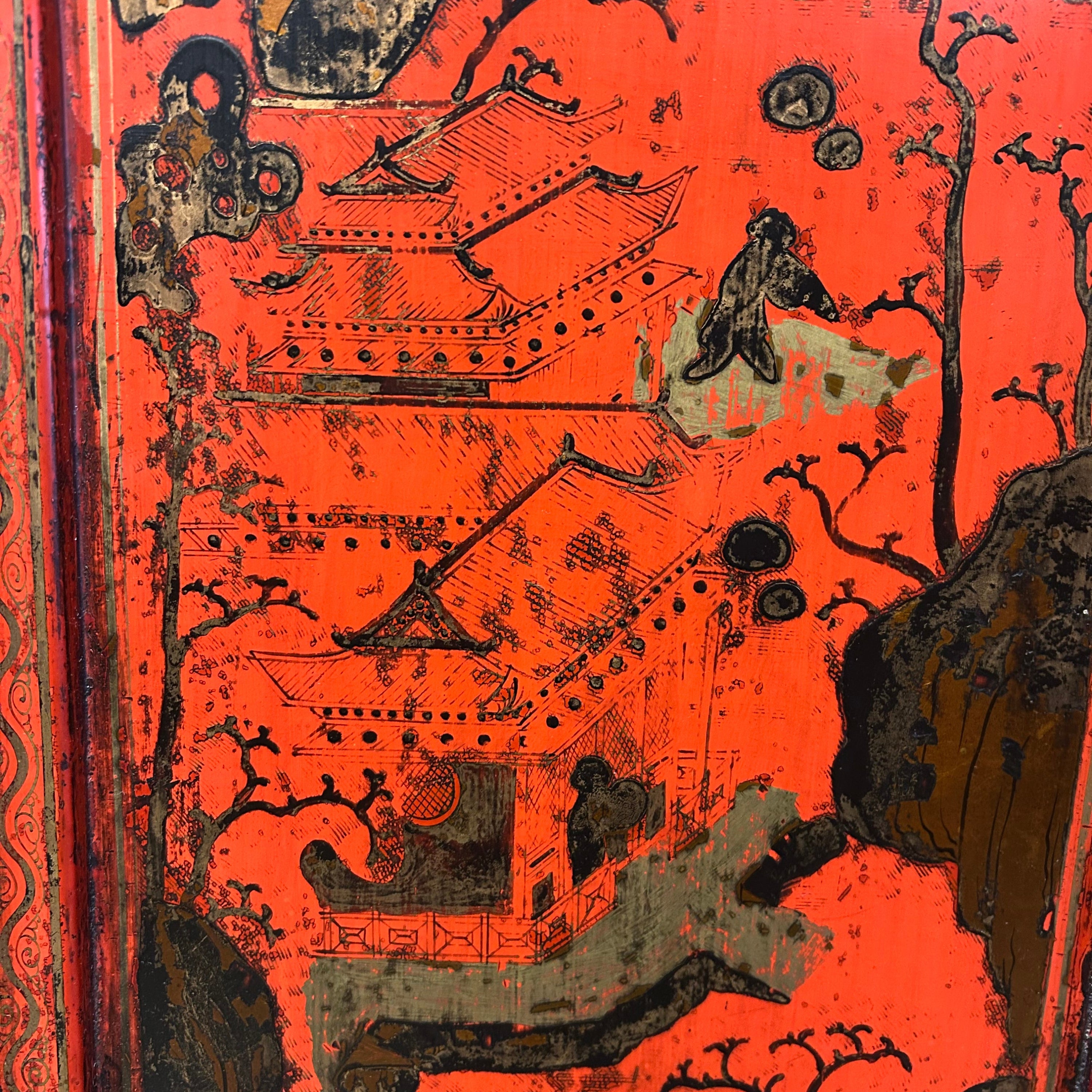 Pair of Chinese red lacquer chests with intricate hand-painted decoration. Rich patina and bold character, ideal statement storage pieces. 18thC