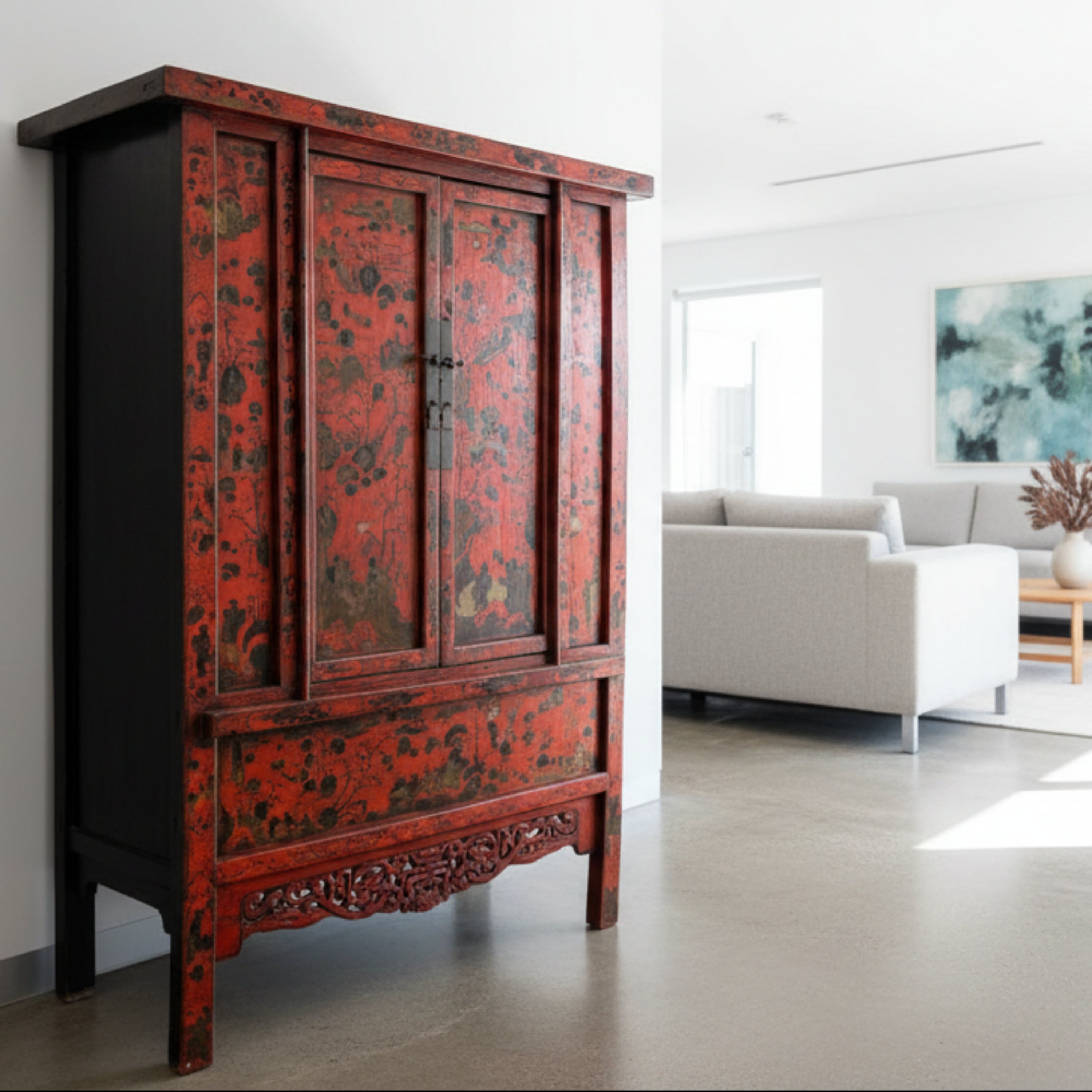 Pair of Chinese red lacquer chests with intricate hand-painted decoration. Rich patina and bold character, ideal statement storage pieces. 18thC