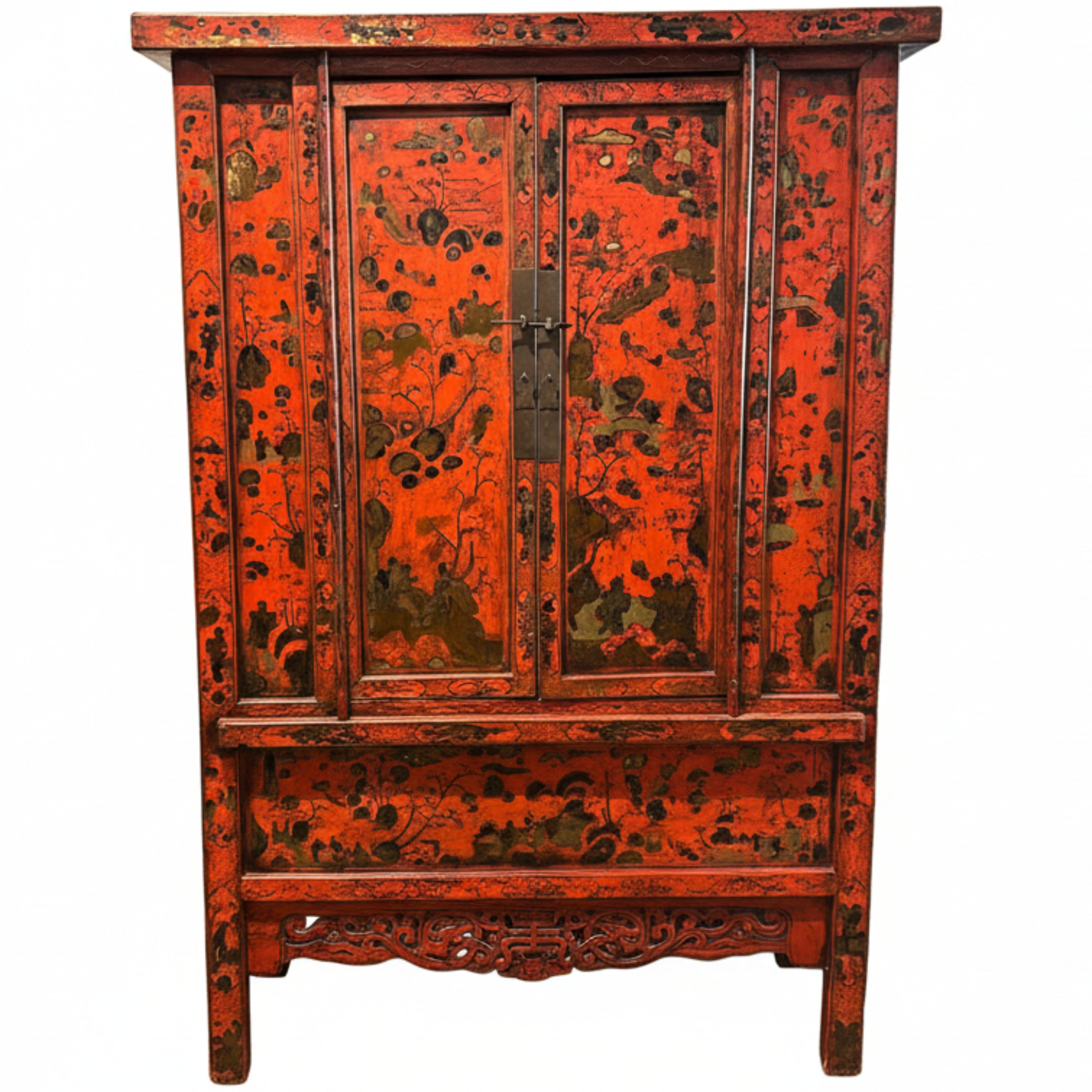 Pair of Chinese red lacquer chests with intricate hand-painted decoration. Rich patina and bold character, ideal statement storage pieces. 18thC