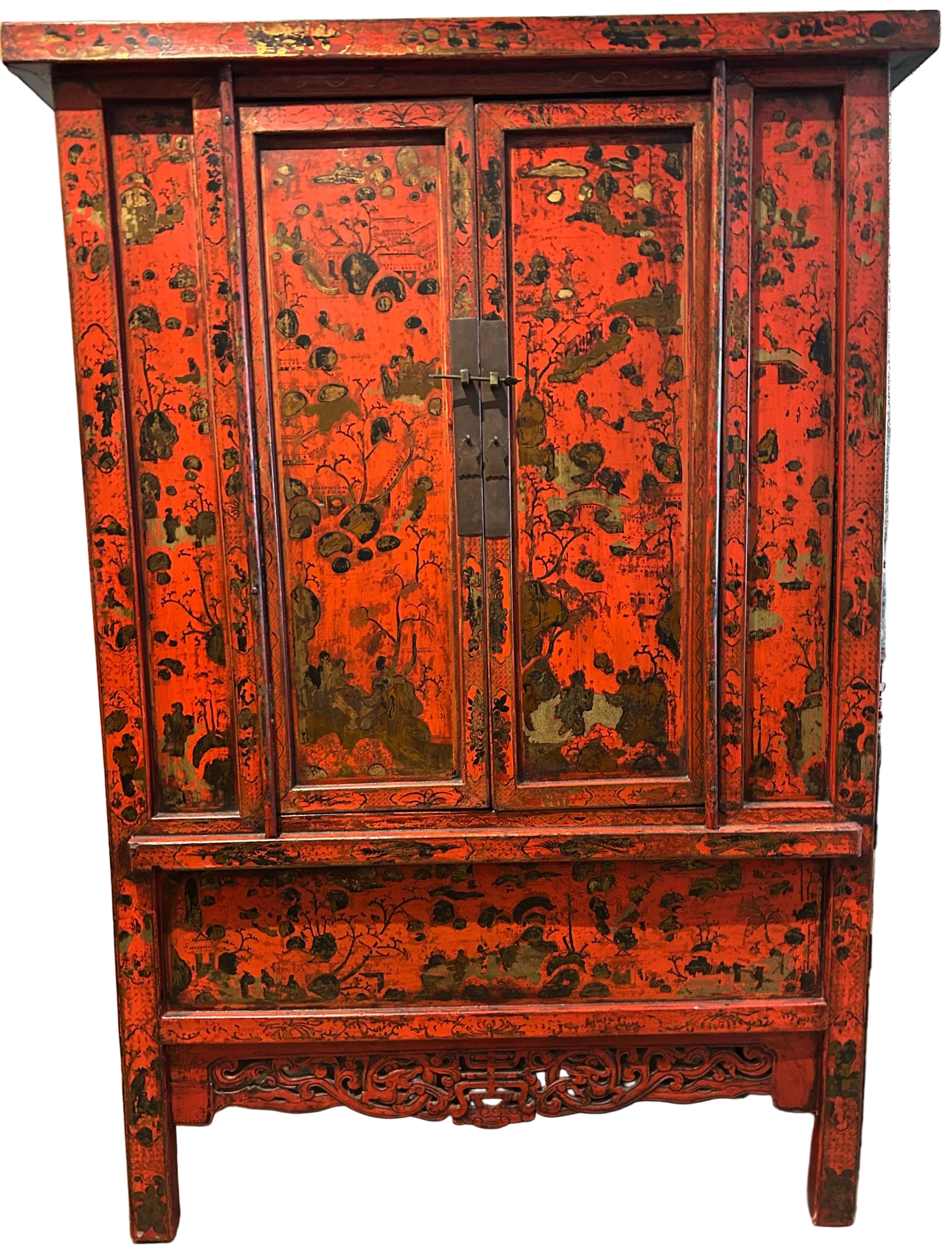 Pair of Chinese red lacquer chests with intricate hand-painted decoration. Rich patina and bold character, ideal statement storage pieces. 18thC