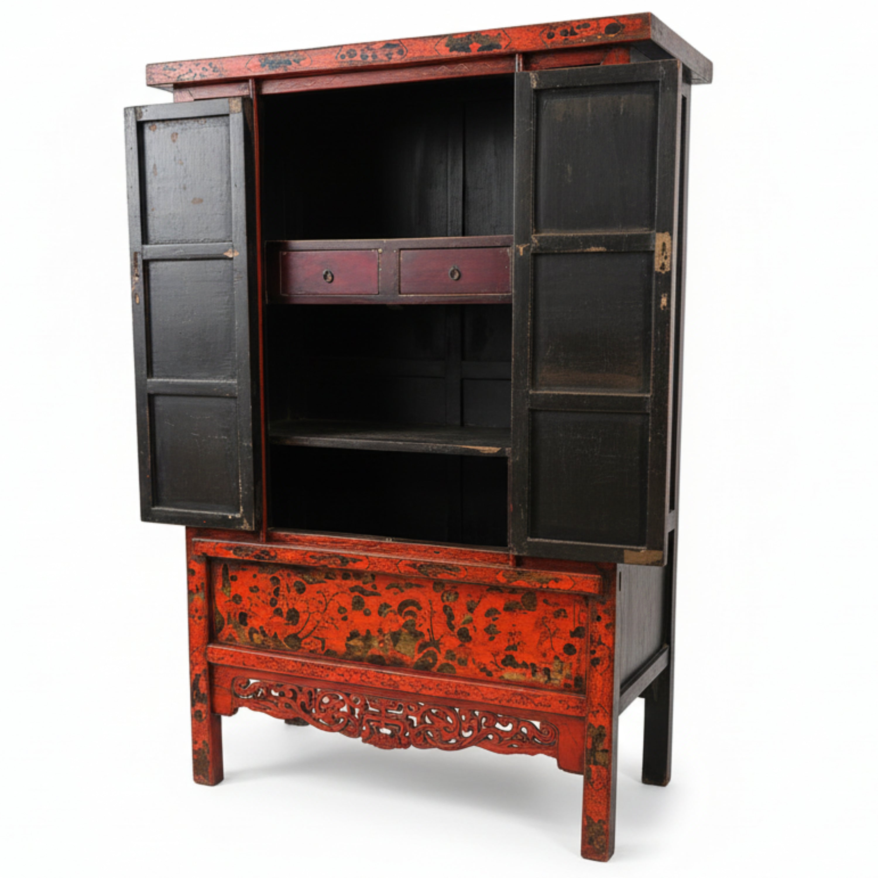 Pair of Chinese red lacquer chests with intricate hand-painted decoration. Rich patina and bold character, ideal statement storage pieces. 18thC