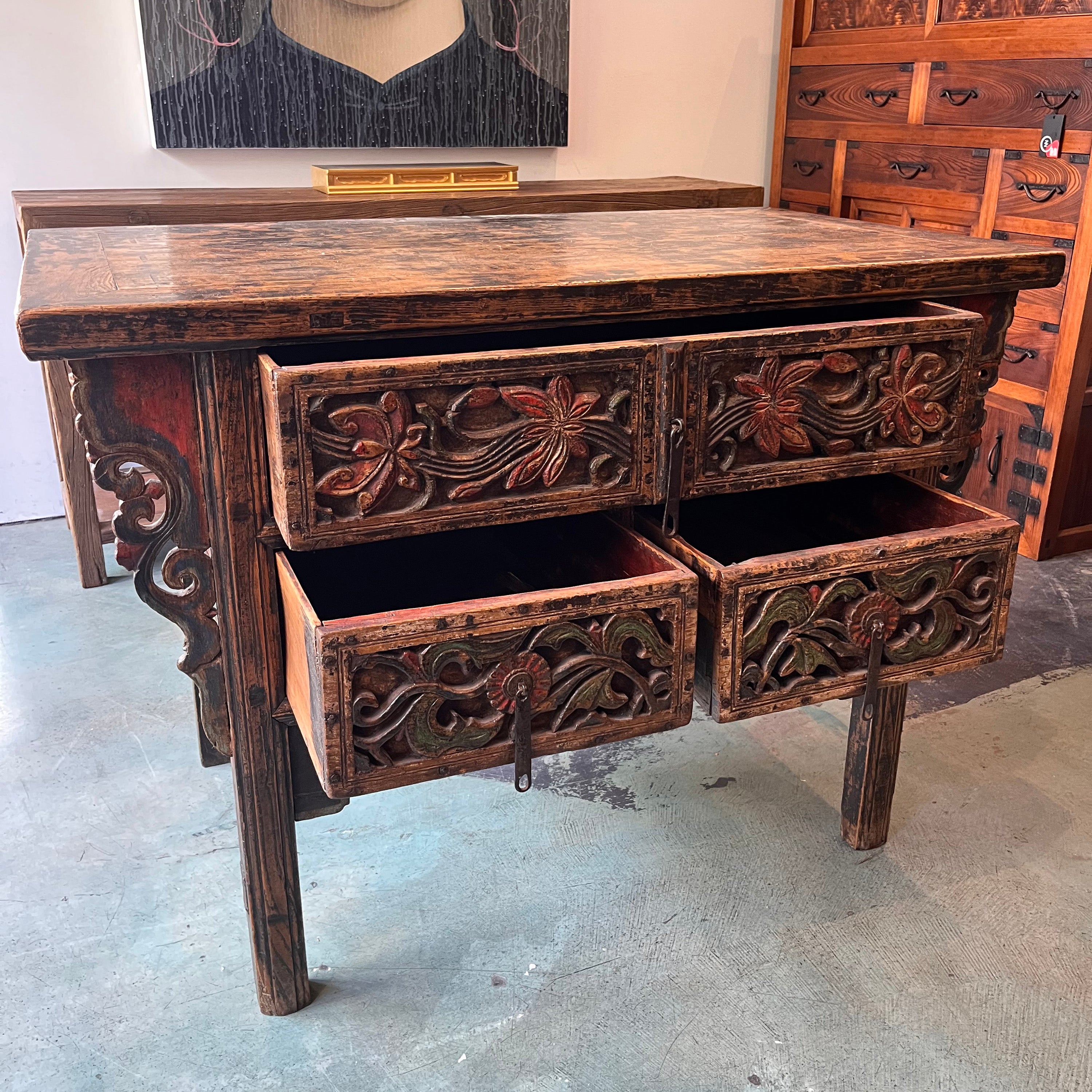 Provincial Chinese painted coffer with deep carved floral (chrysanthemums & peonies) drawers. Middle Ching Dynasty. Early C18th. P56