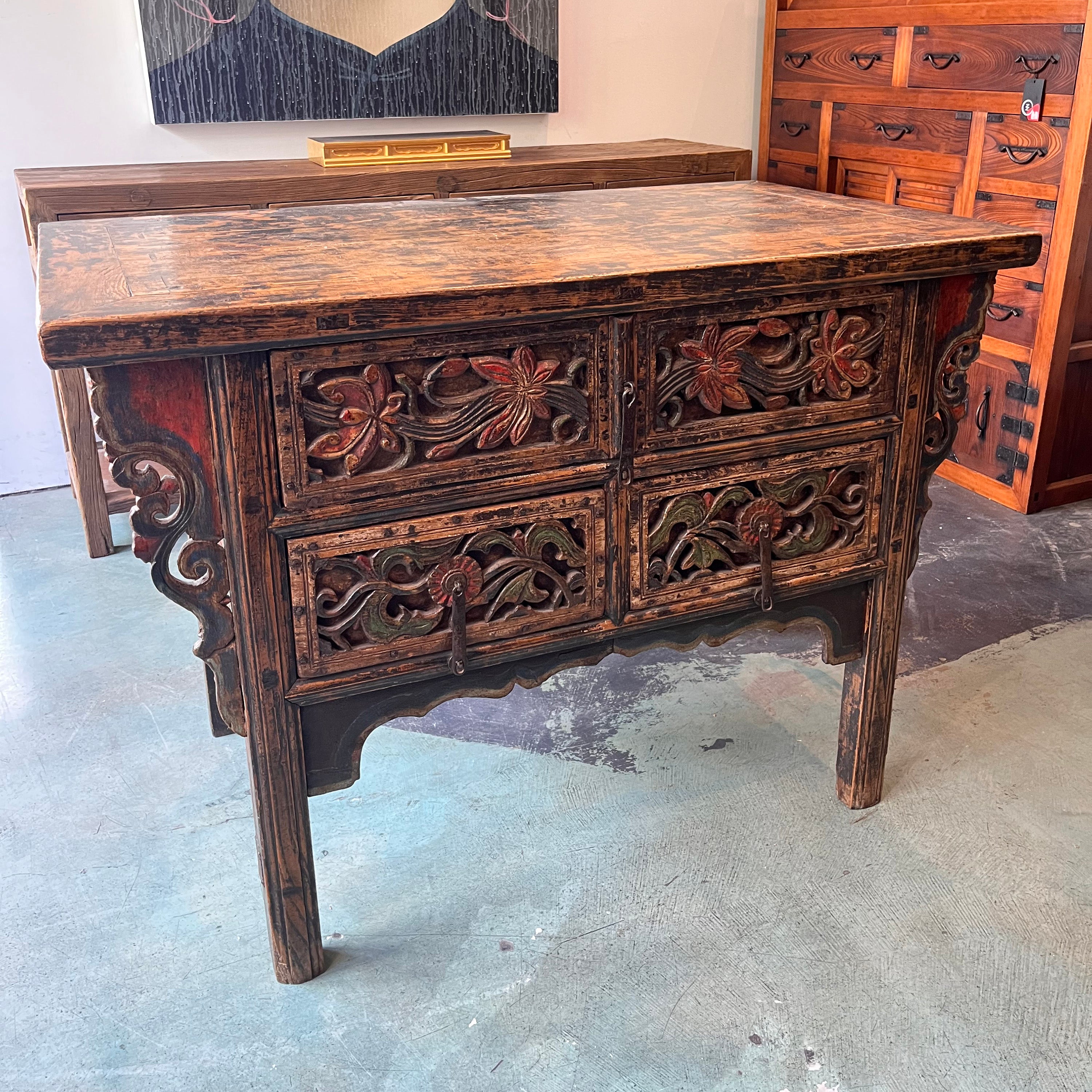 Provincial Chinese painted coffer with deep carved floral (chrysanthemums & peonies) drawers. Middle Ching Dynasty. Early C18th. P56