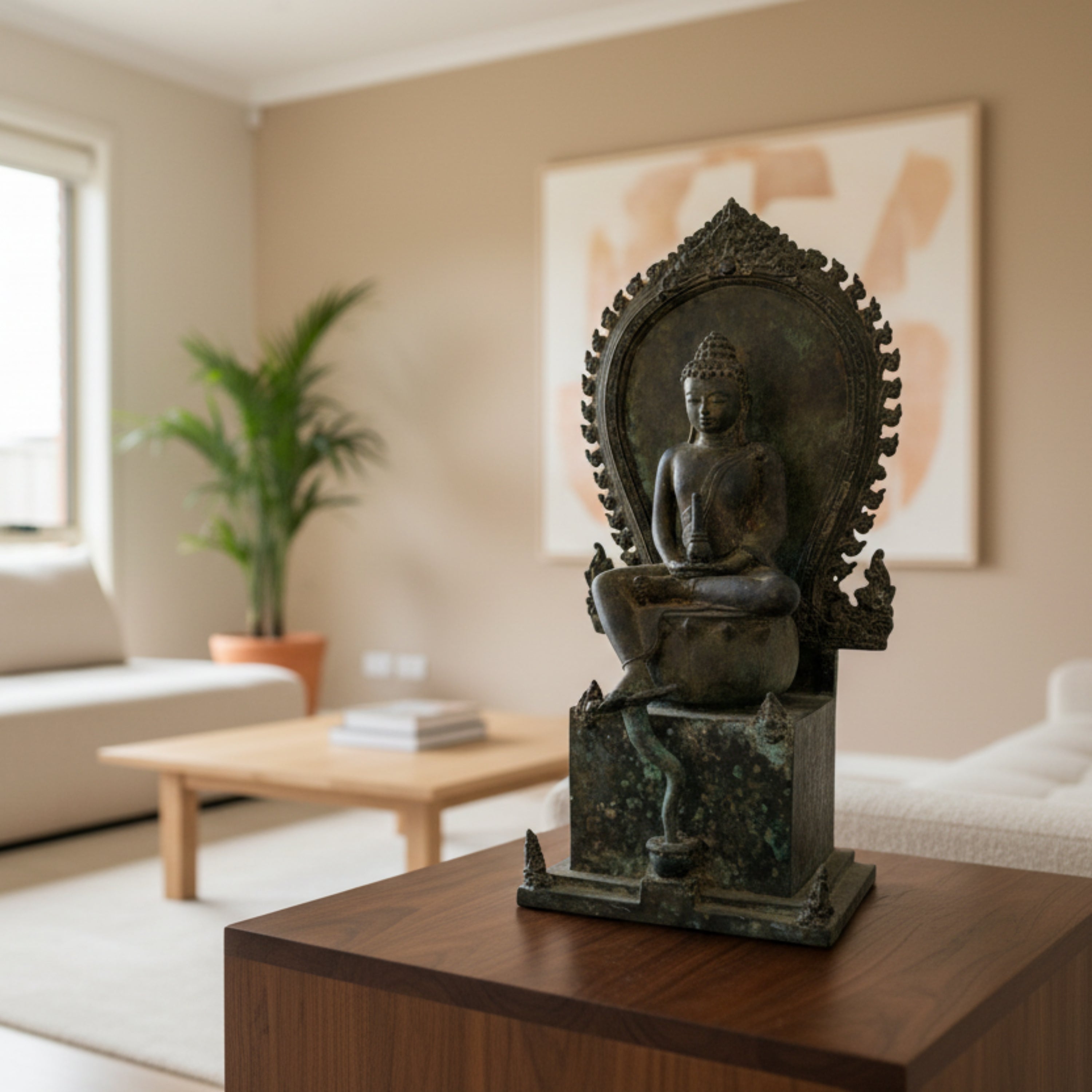 A 19thC Javanese bronze Buddha by fine artisans in Indonesia. It has a fine patina.