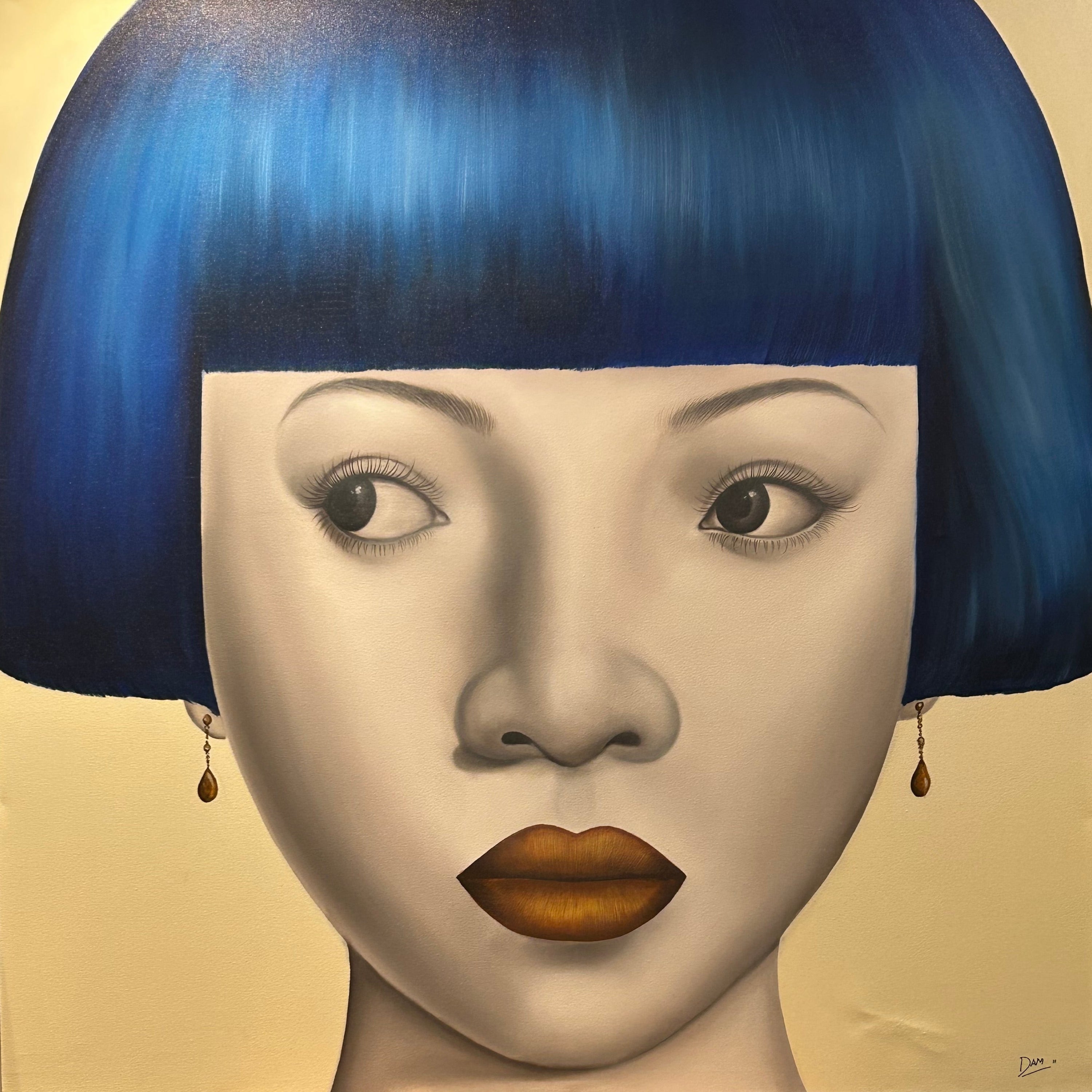An acrylic hyper realistic painting of an oriental girl with blue hair.