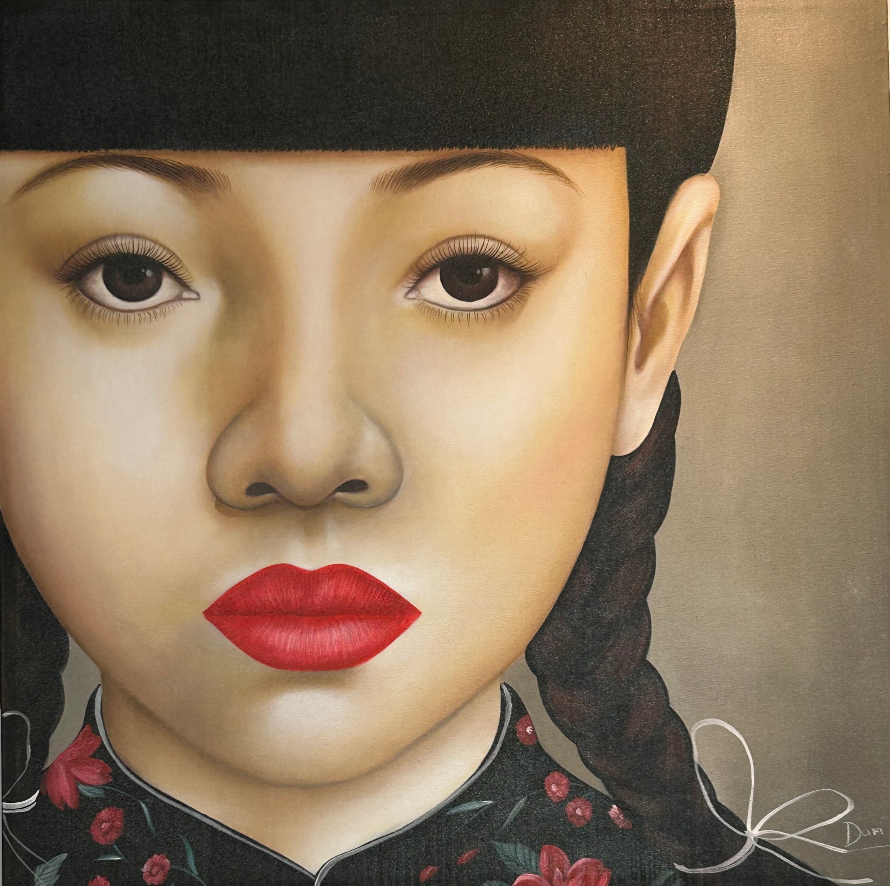 Close-up of a painting with a stylized oriental girl