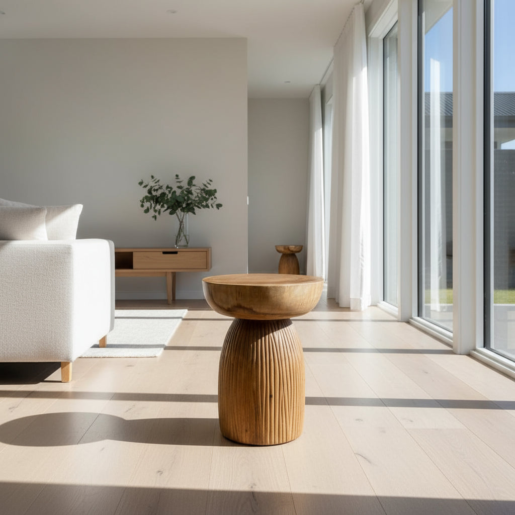 A round natural timber side table