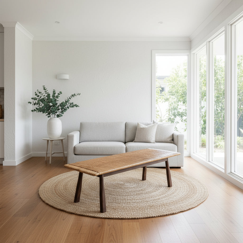 A long ribbed coffee table made of teak