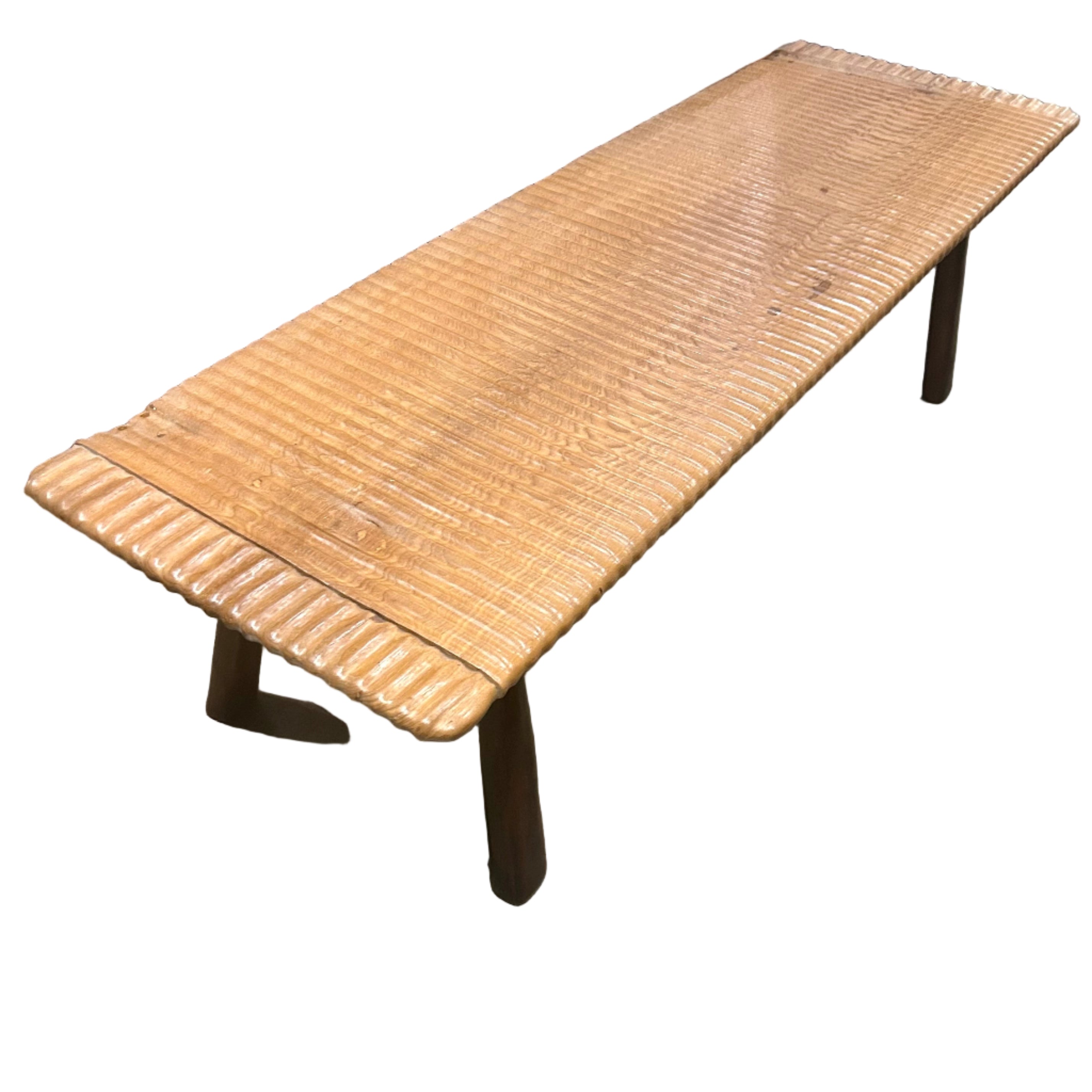 A ribbed teak coffee table