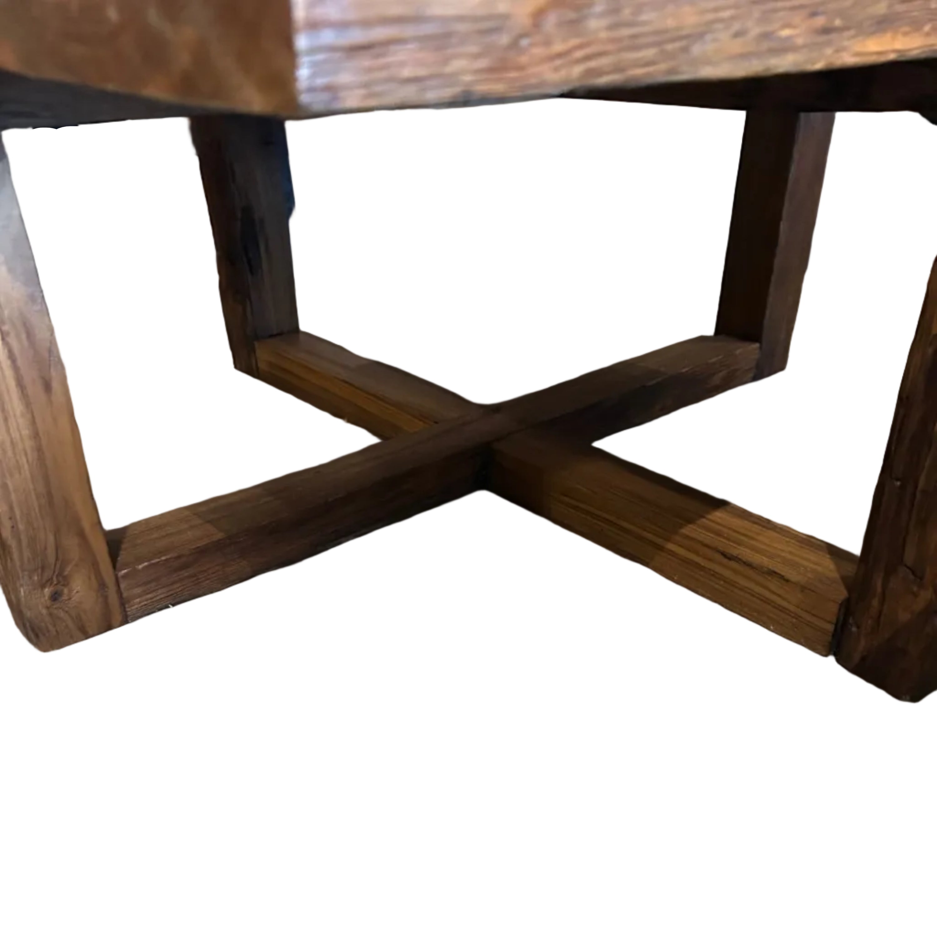 A contemporary square coffee table with natural textured grain, made of recycled timber.