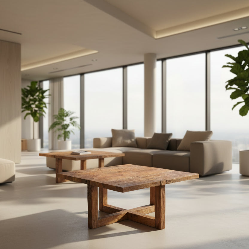 A contemporary square coffee table with natural textured grain, made of recycled timber.