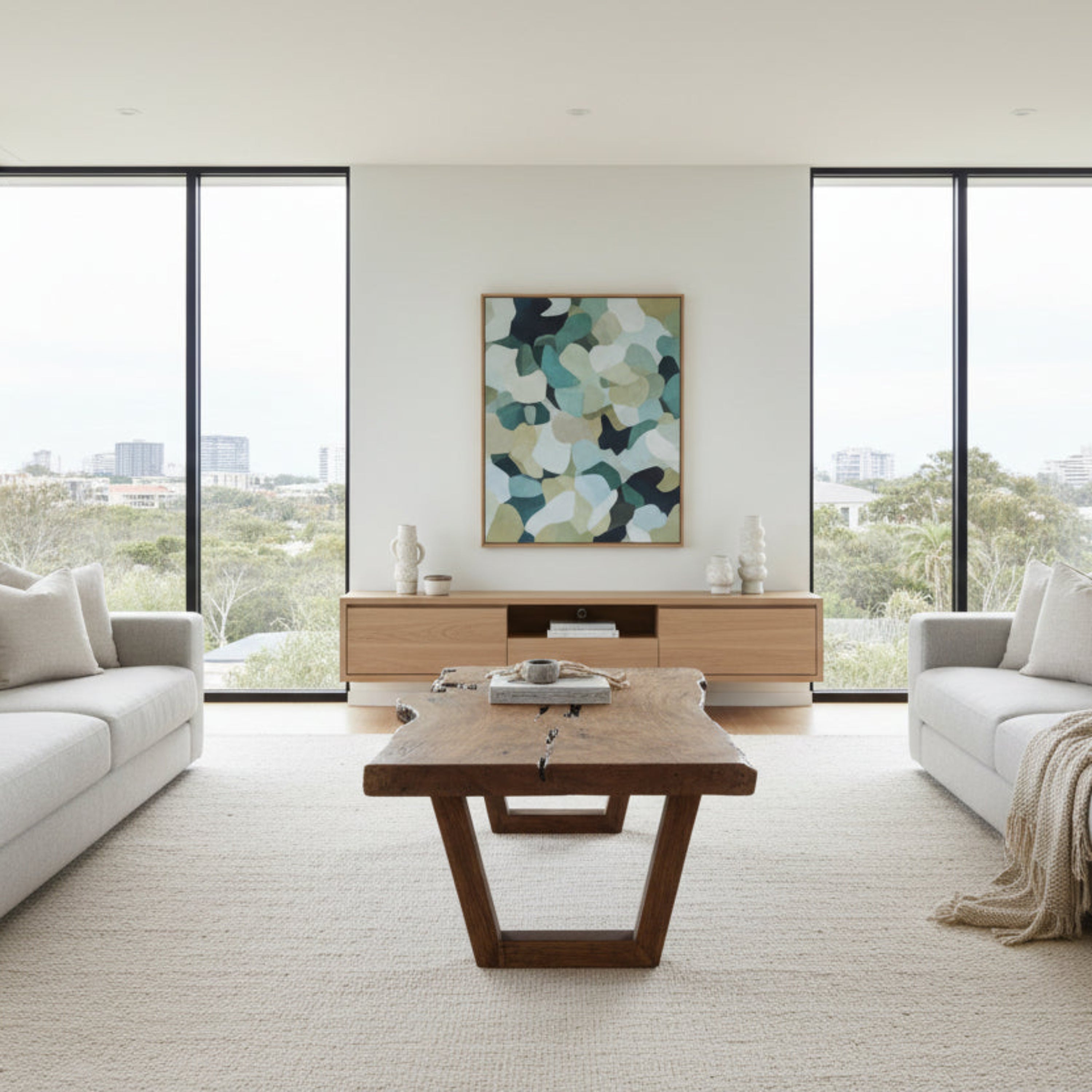 A rustic yet substantial natural form coffee table made of recycled timber.