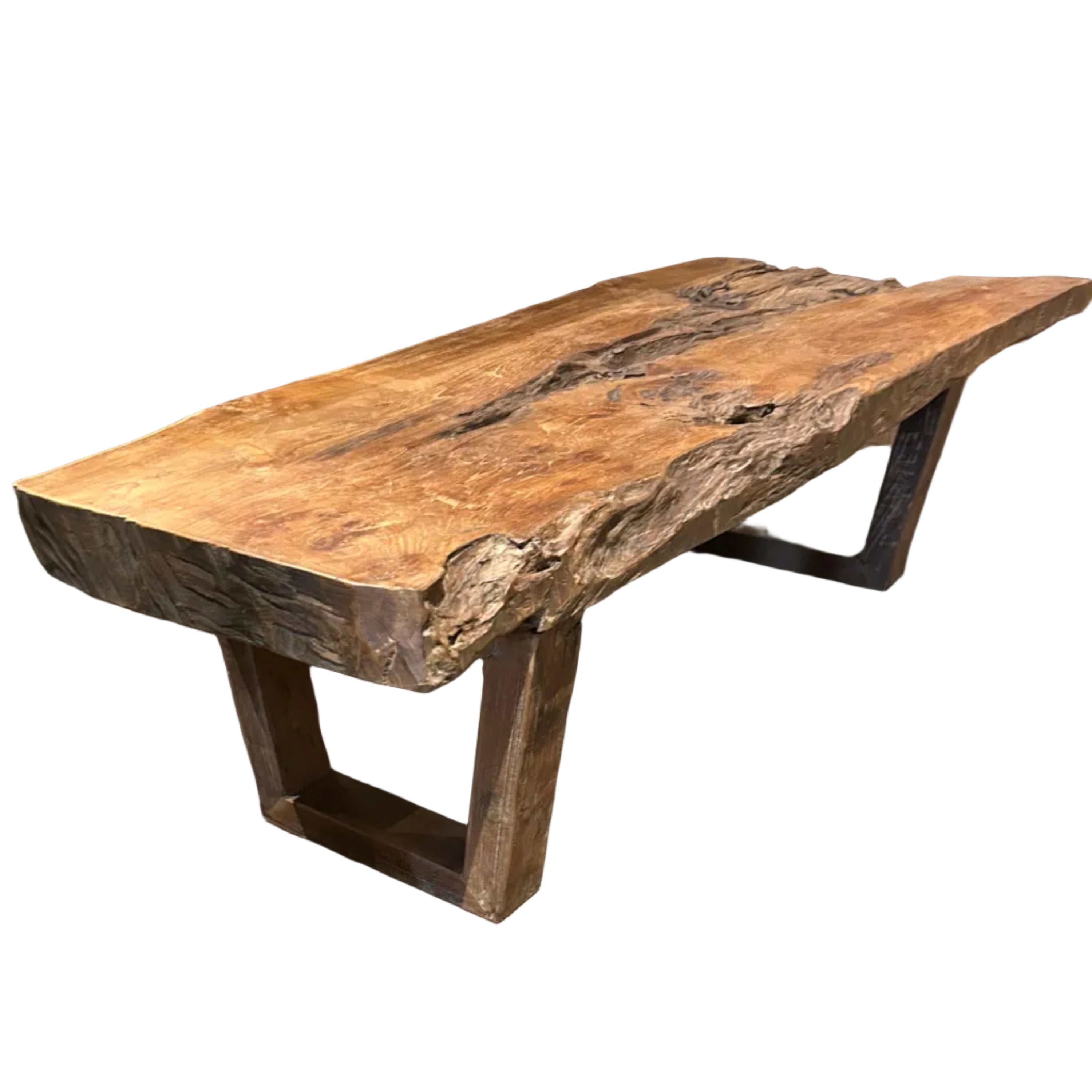 A rustic yet substantial natural form coffee table made of recycled timber.