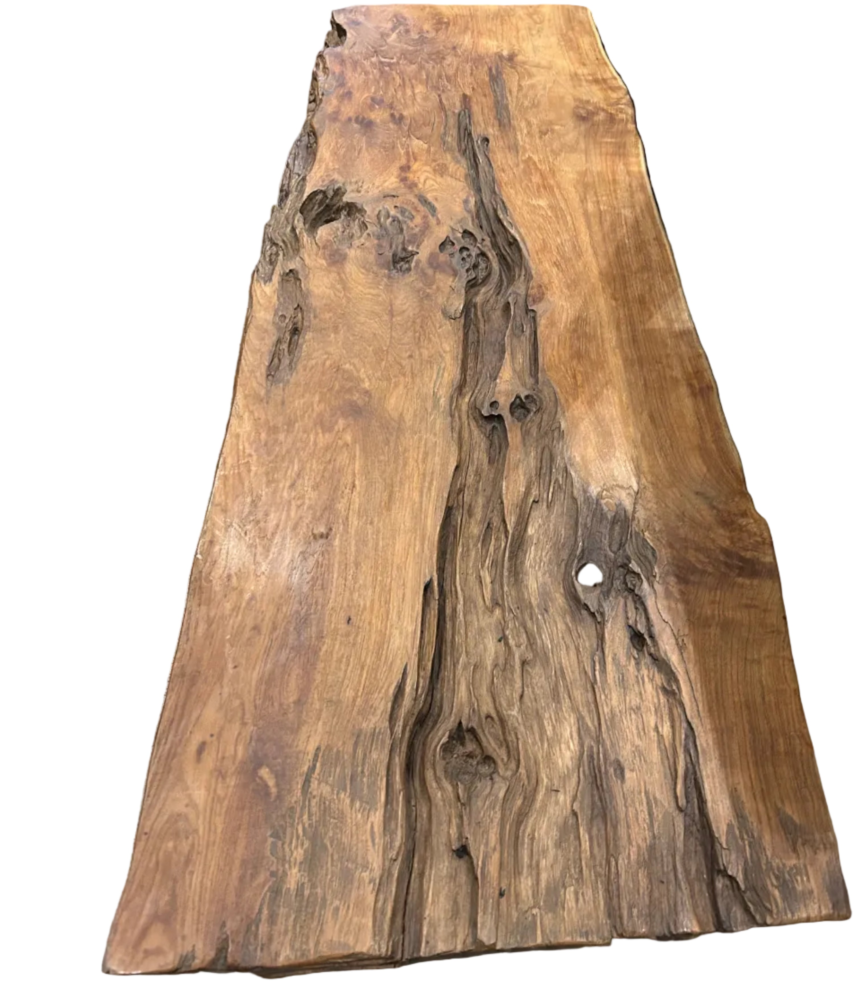 A rustic yet substantial natural form coffee table made of recycled timber.