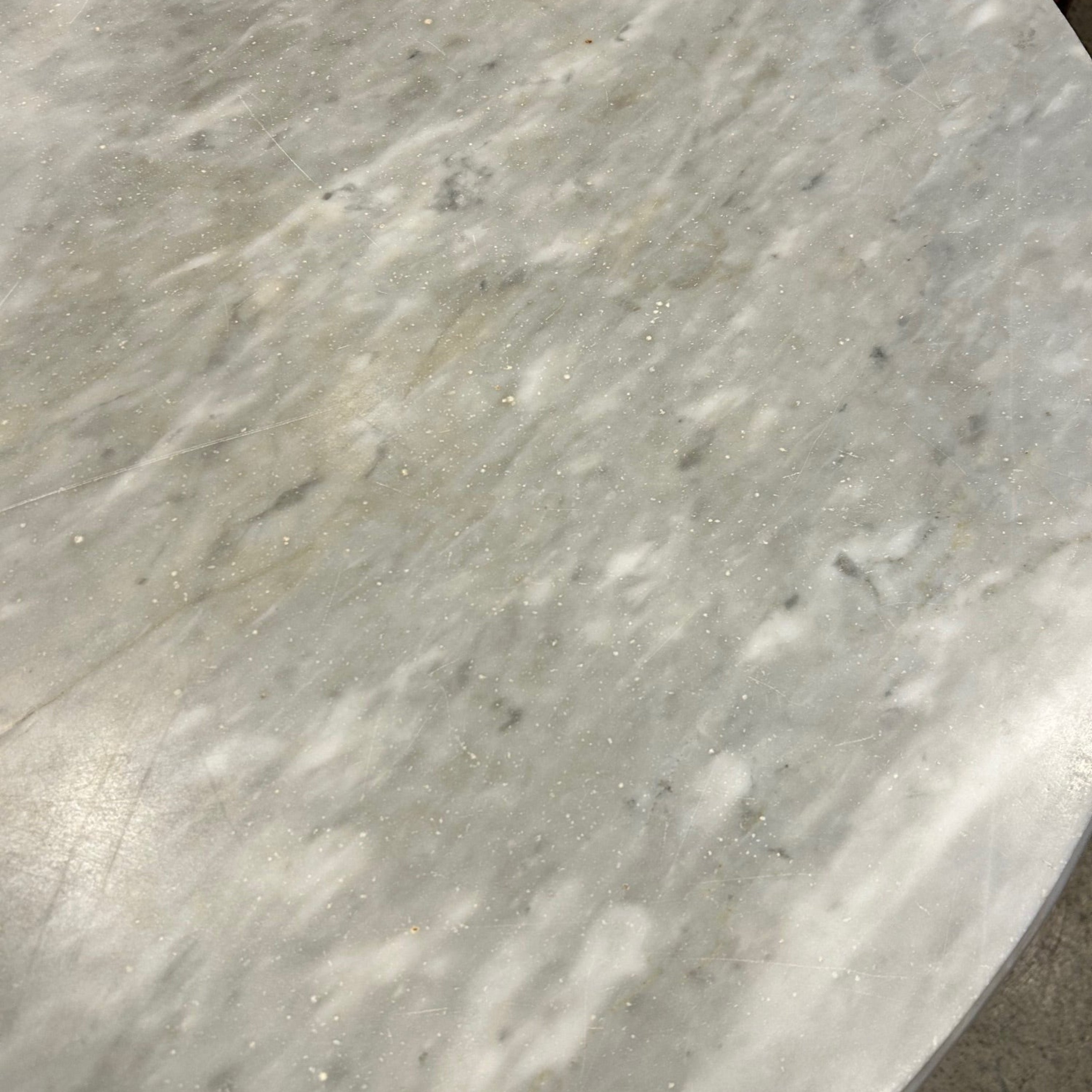 Antique Dutch colonial table with timber base and round marble top, sourced in Indonesia. Measures 101 cm diameter, 76.5 cm high. Kazari