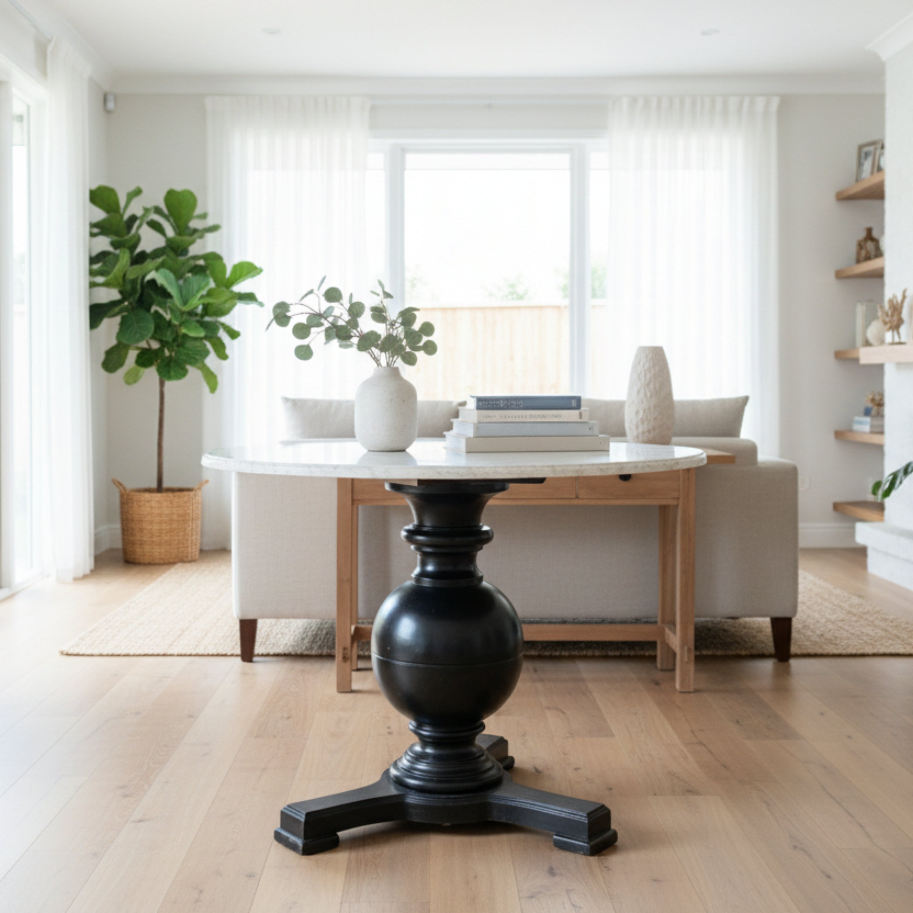 Antique Dutch colonial table with timber base and round marble top, sourced in Indonesia. Measures 101 cm diameter, 76.5 cm high. Kazari