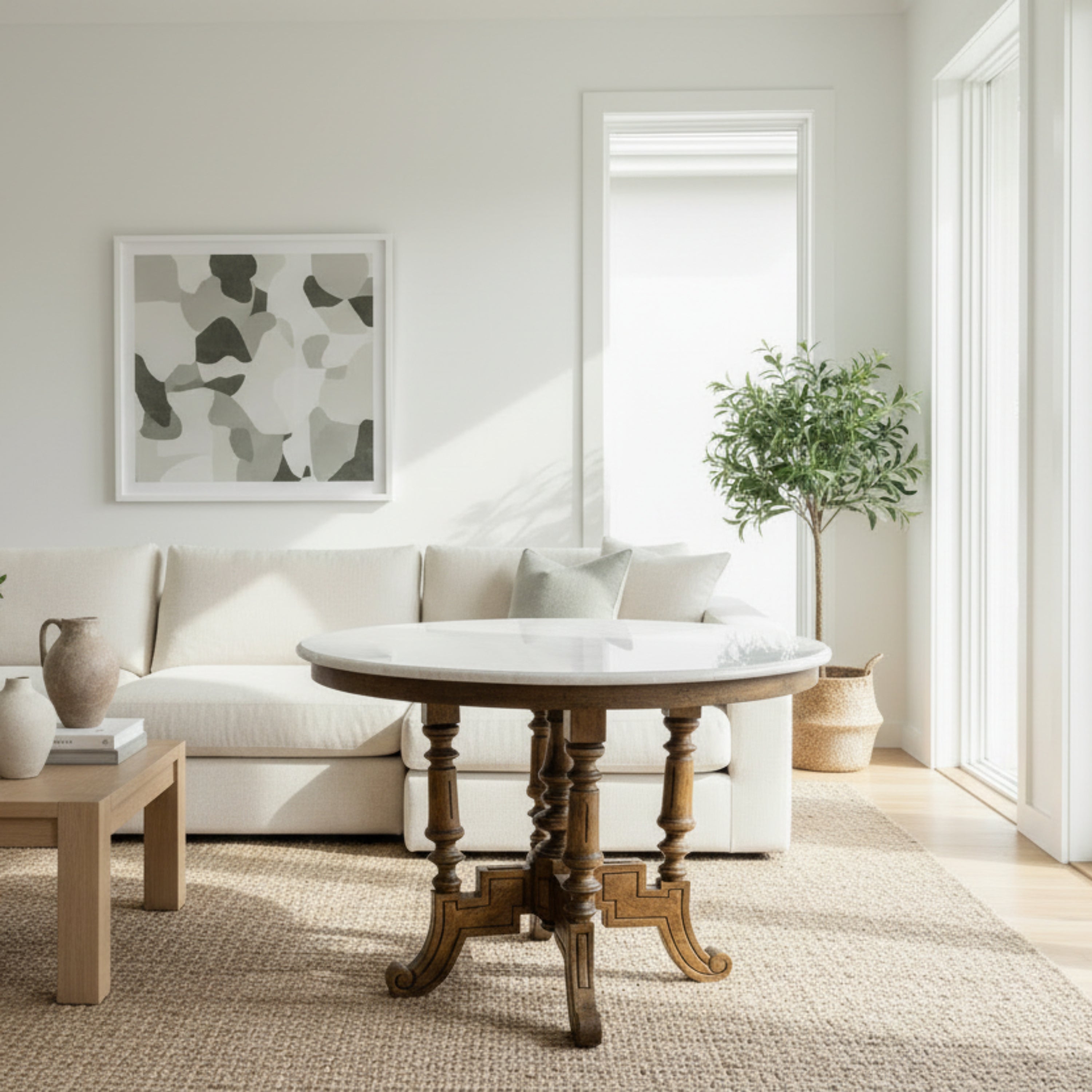 Antique Dutch colonial table with timber base and round marble top, sourced in Indonesia. Measures 101 cm diameter, 76.5 cm high. Kazari