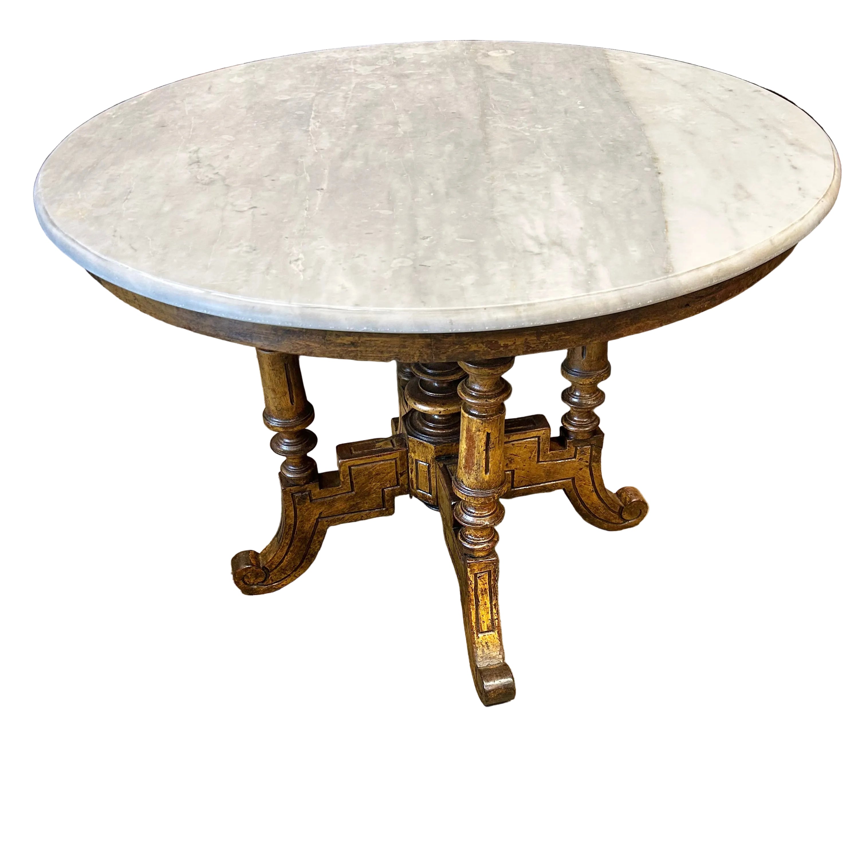 Antique Dutch colonial table with timber base and round marble top, sourced in Indonesia. Measures 101 cm diameter, 76.5 cm high. Kazari