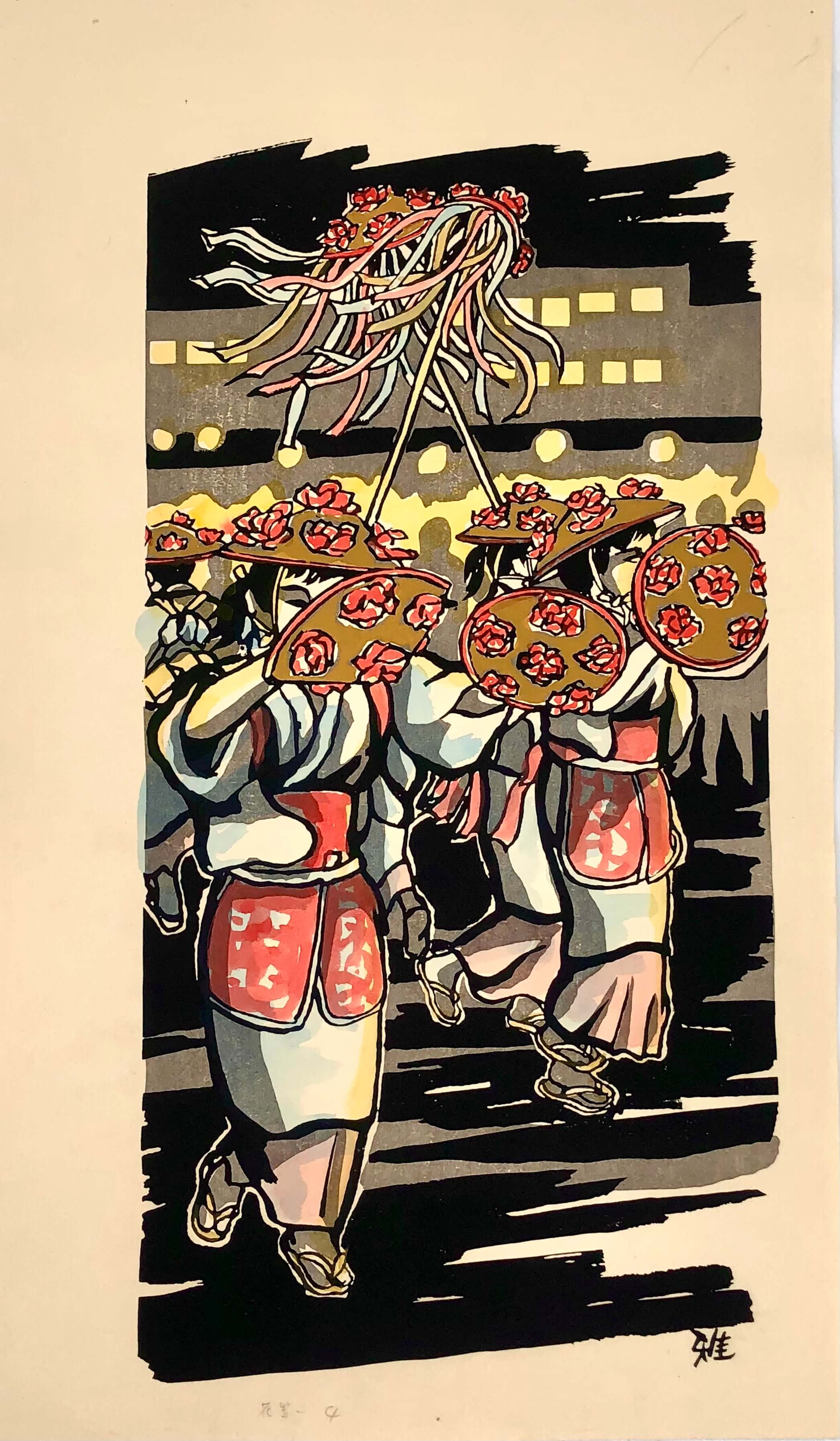 Hand-Coloured Japanese Woodblock Print by Ido Masao – Girls in a Festive Parade