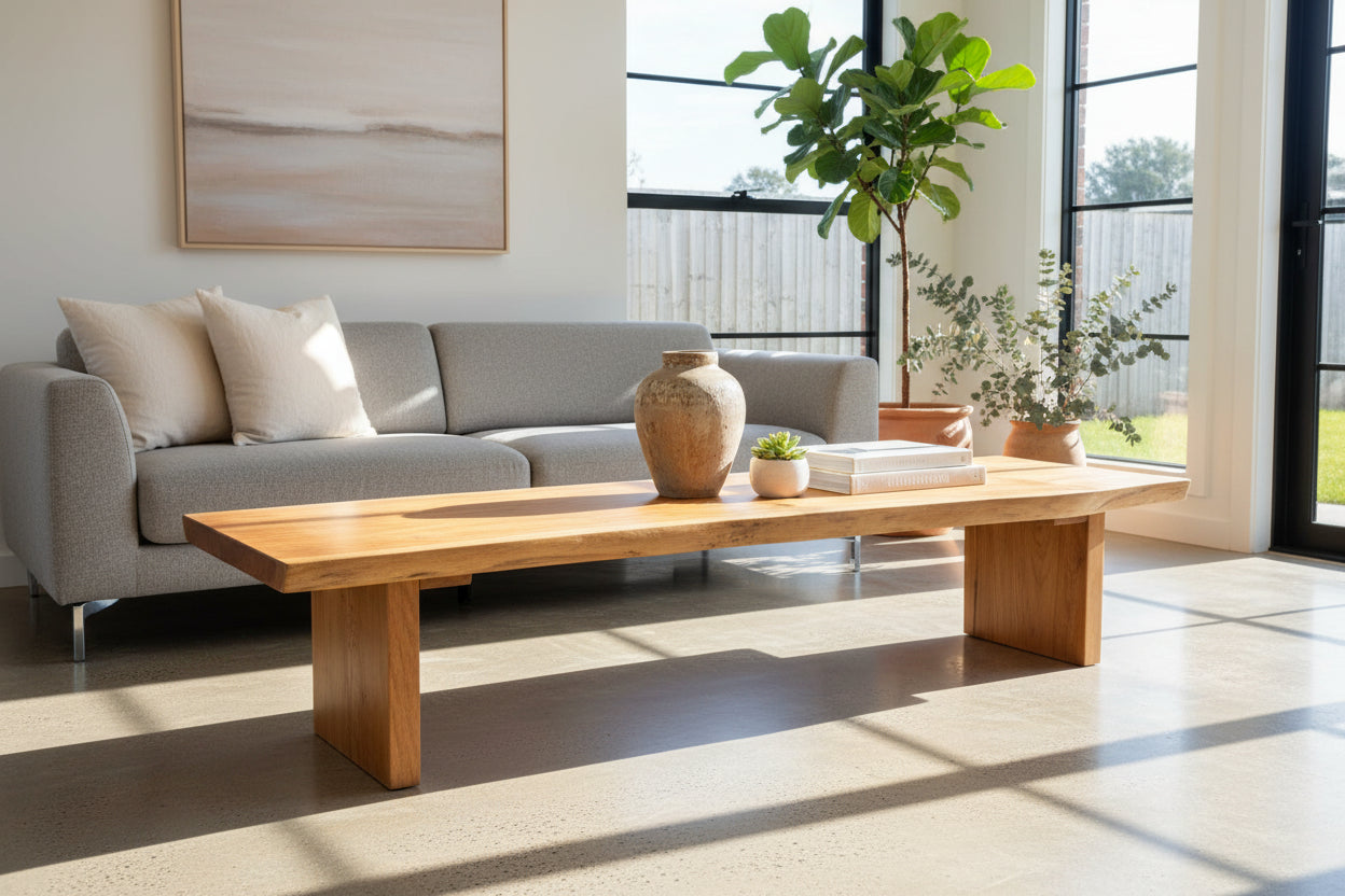 A contemporary long coffee table with the natural shape of a log and honey coloured grain, made of recycled timber.