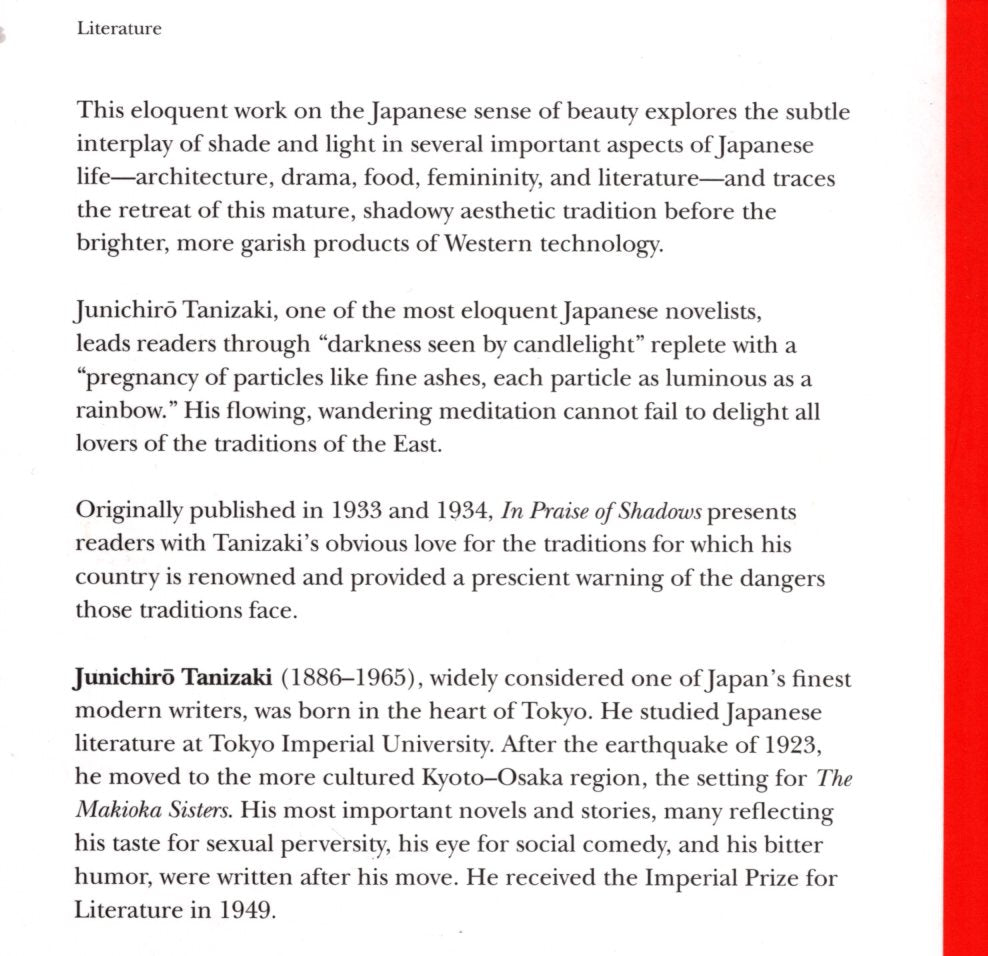 In Praise of Shadows is a 1933 essay on Japanese aesthetics by the Japanese author Jun'ichirō Tanizaki. It was translated into English, in 1977, by the academic students of Japanese literature Thomas J. Harper and Edward Seidensticker.