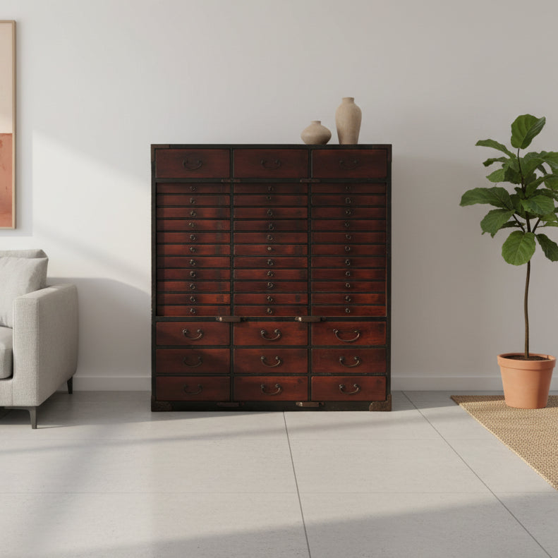 Early 19th c. Edo Japanese dental surgery chest in lacquered paulownia with 45 drawers. Under sensitive restoration. Functional and collectible.