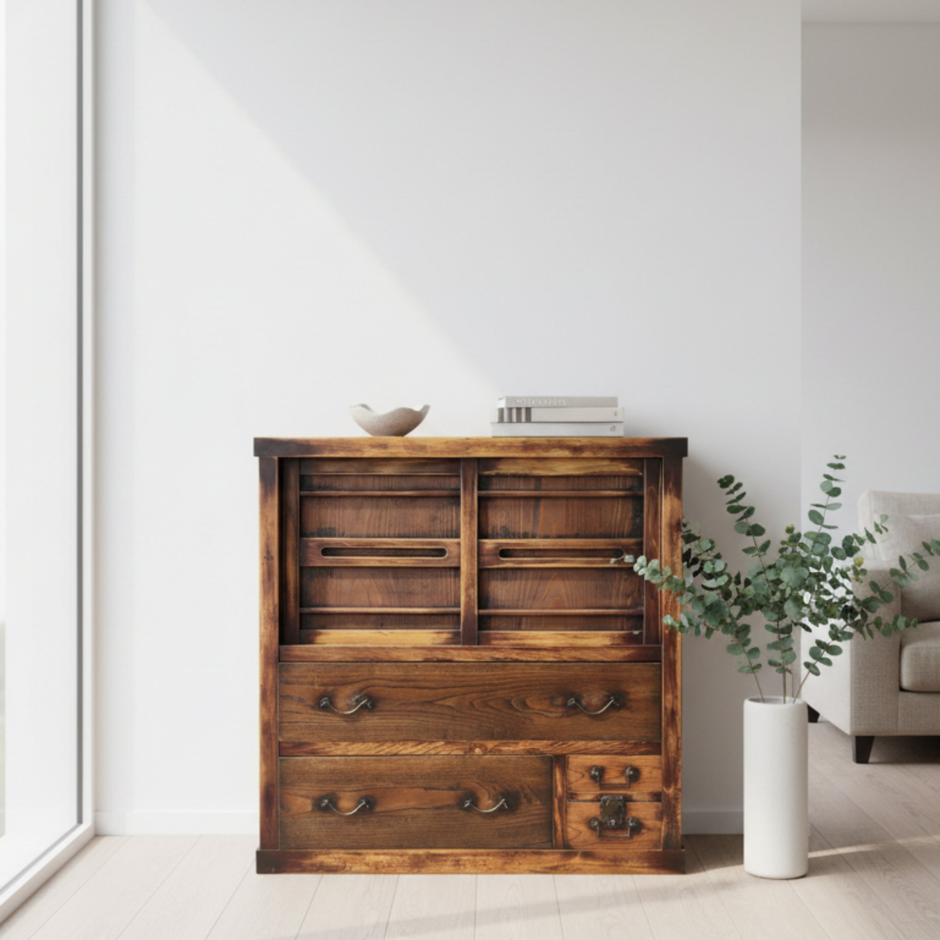 Edo-period antique Japanese choba-dansu merchant’s chest, c.1840. Zelkova & cedar woods, under sensitive restoration. Functional and collectible storage piece.