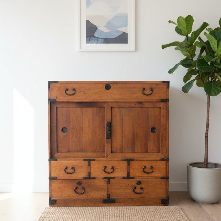 Japanese Choba-Dansu (Merchant’s Chest), Meiji Period c.1910. A handsome Japanese shop storage chest (choba-dansu) from the Meiji period (c.1910), crafted from cypress wood and finished with forged iron hardware.