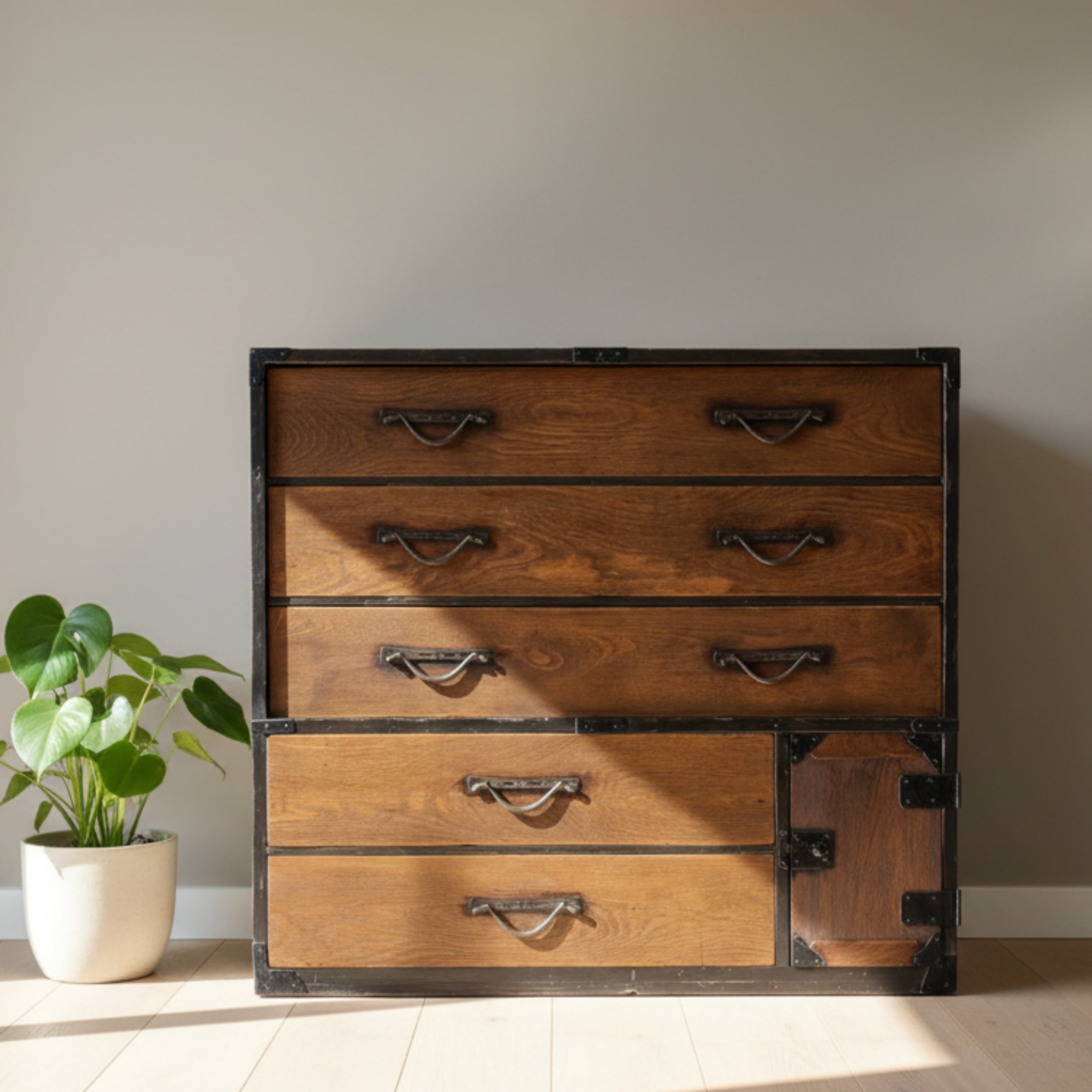 Japanese cedar wood chest, Meiji Period - 19th century. A handsome Japanese chest from the Meiji period, crafted from cedar wood and finished with iron hardware.