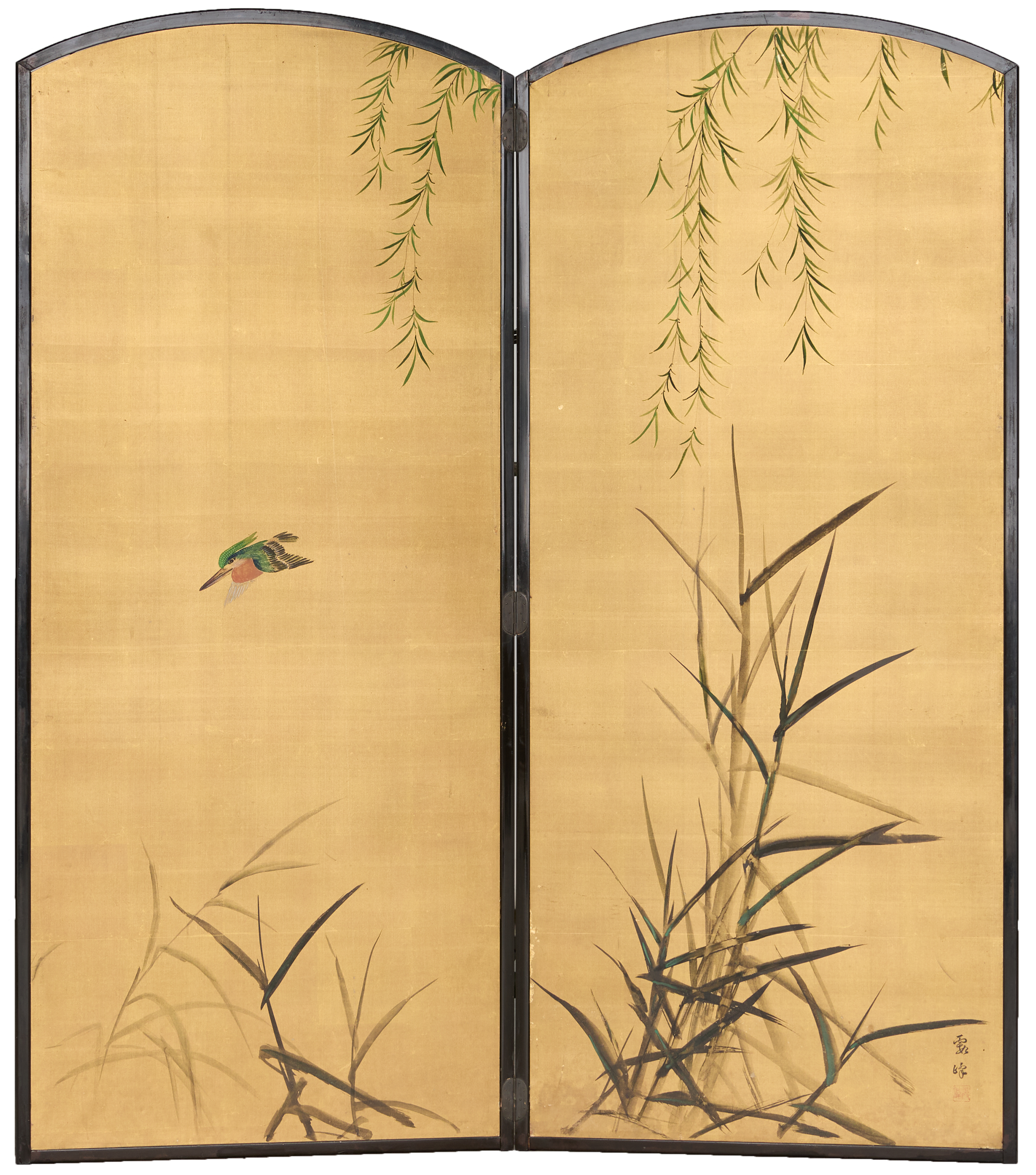 Antique Japanese screen depicting a kingfisher, willow and bamboo - JS23005