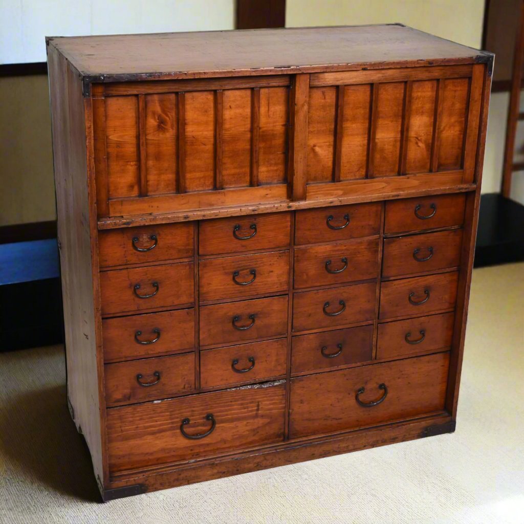 Kazari Japanese cedar 18 drawer merchant's shop storage chest - choba dansu. Meiji period, late 19th century.