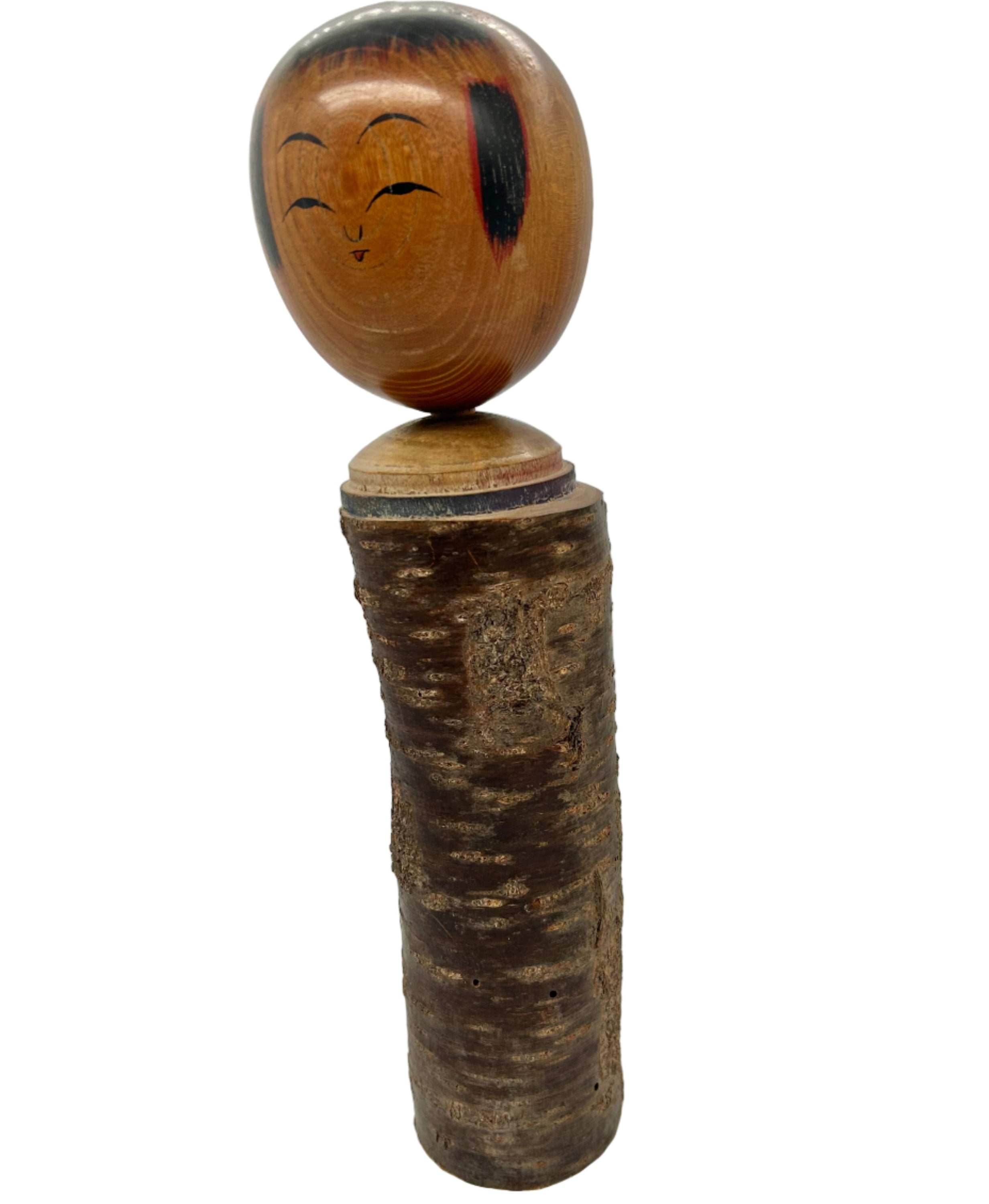Wooden kokeshi doll with a textured wooden torso