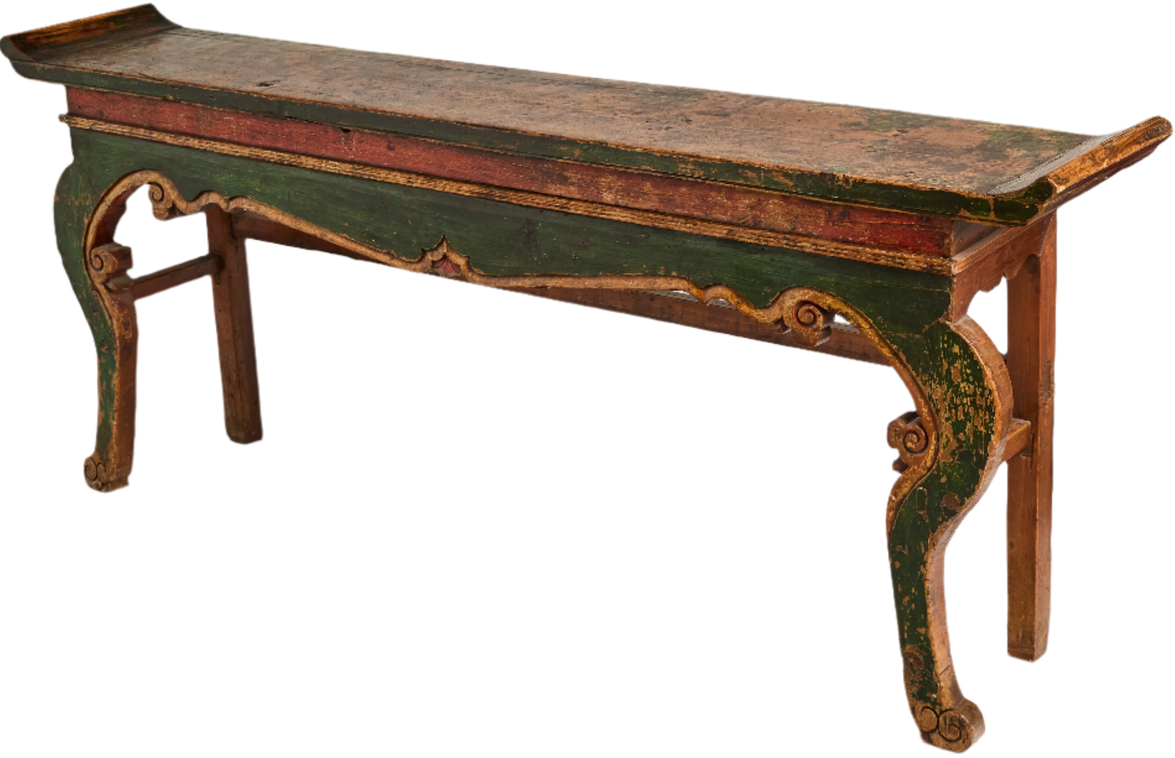 This substantial Chinese Buddhist altar table from Gansu province dates back to the early 19th century. Its aged patina and sturdy construction make it a rare, tranquil addition to any home, perfect for creating a beautiful atmosphere.