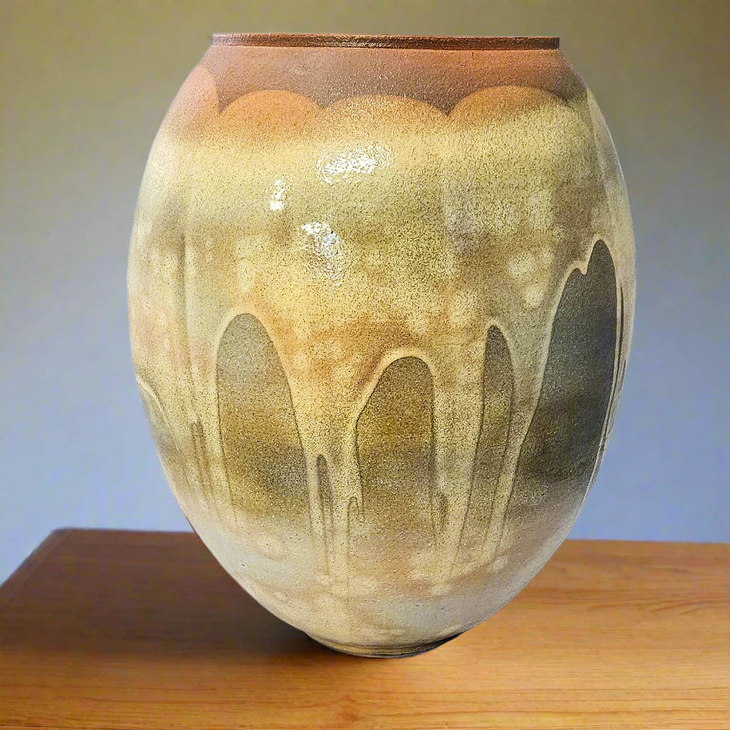 Kazari Japanese contemporary pottery TSUBO with a splashed cream glaze