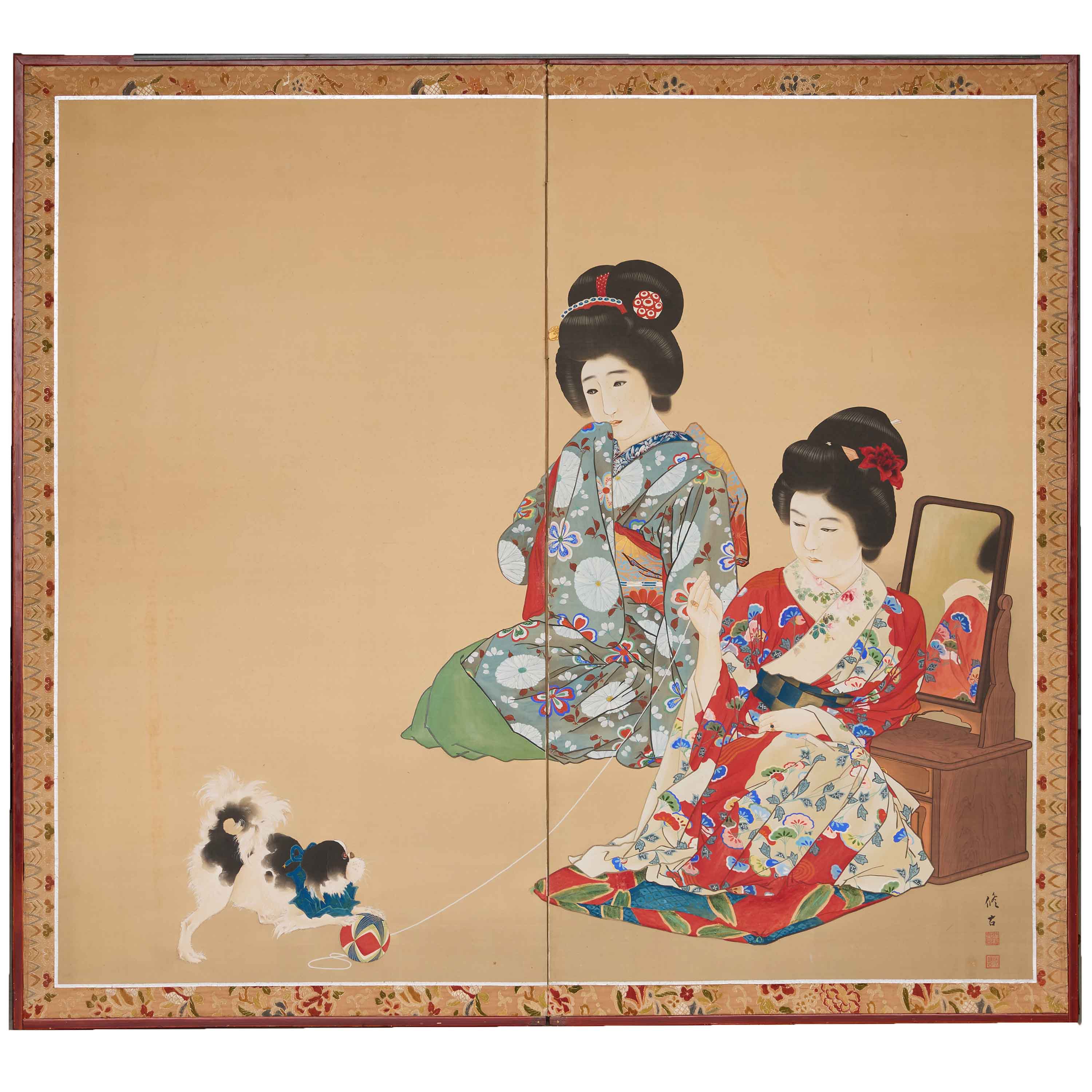 Antique Japanese Taisho Period Screen – Maiko with Japanese Chin Puppy, Signed, Circa 1920s