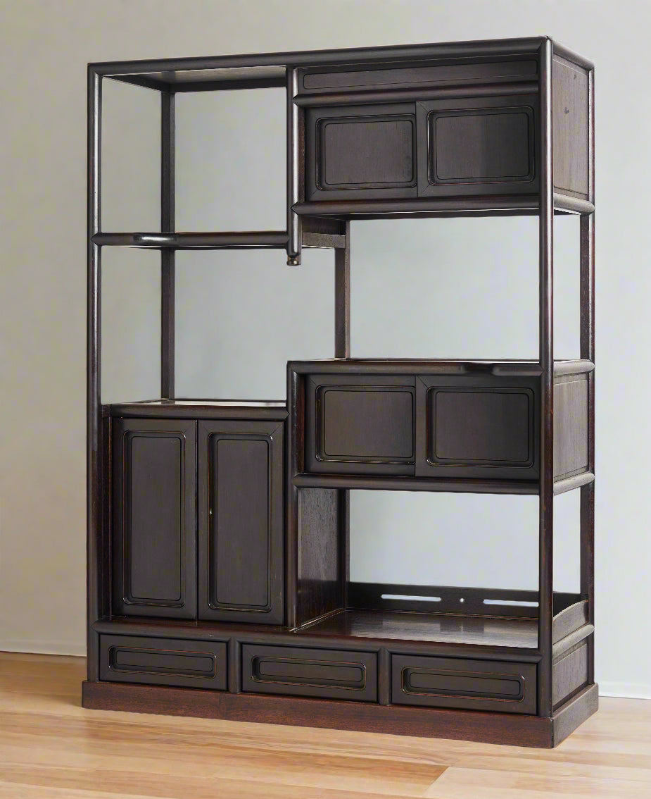 Japanese rosewood Cha-Dana tea cabinet, c1920s. Elegant display and storage piece for tea utensils. Refined and functional craftsmanship.