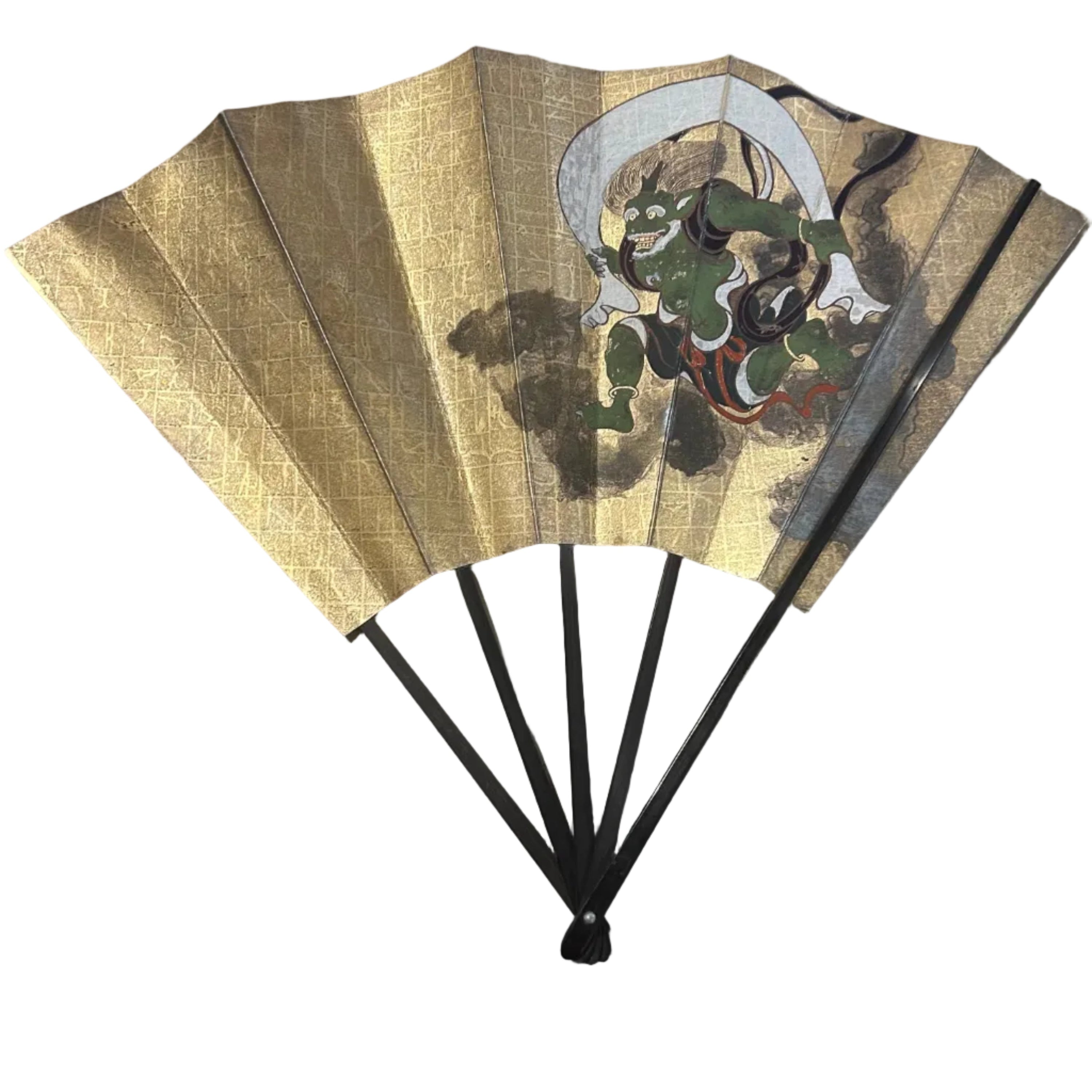 Decorative fan with a hand painted design featuring Fugin - god of wind