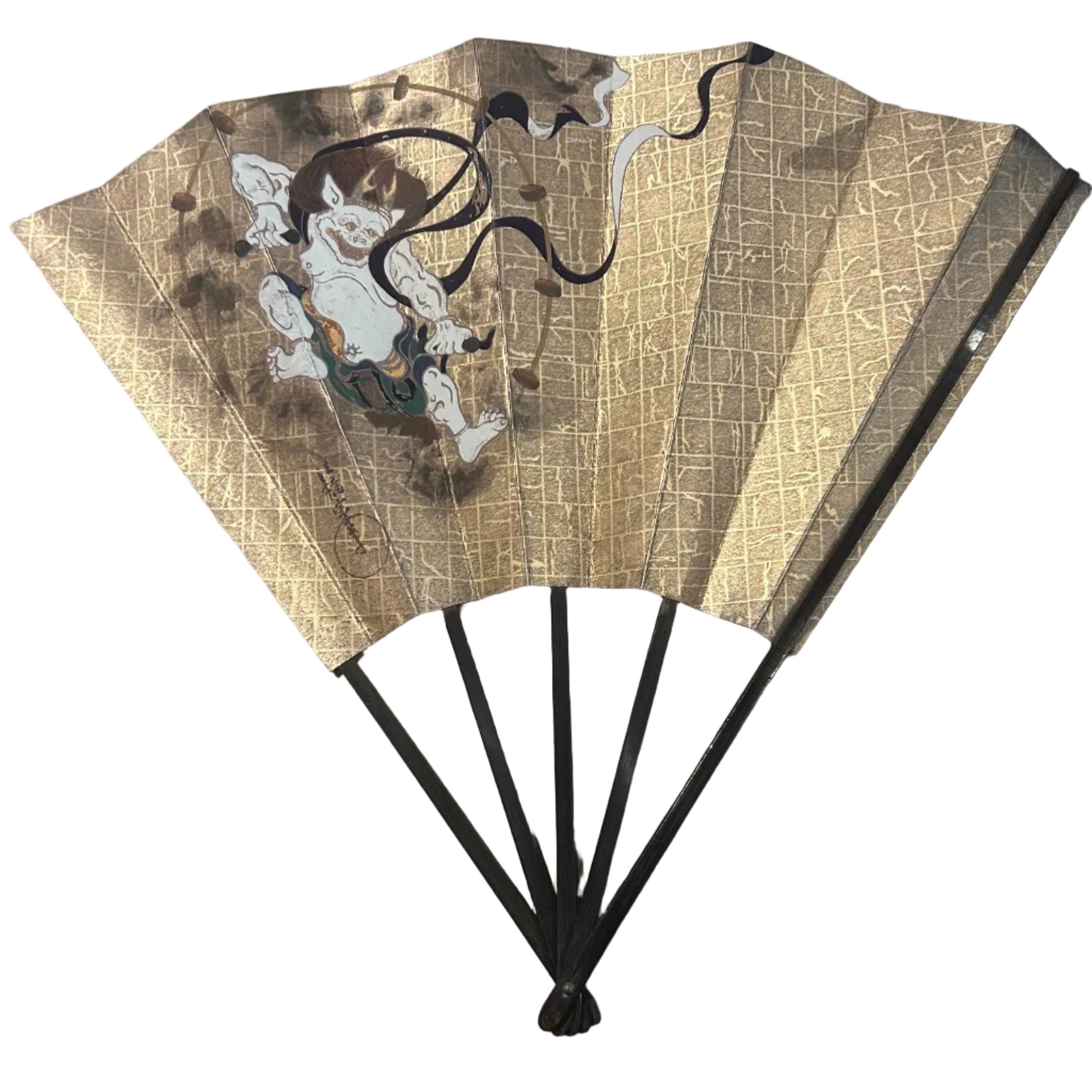 Decorative fan with a hand painted design featuring Rajin - god of thunder